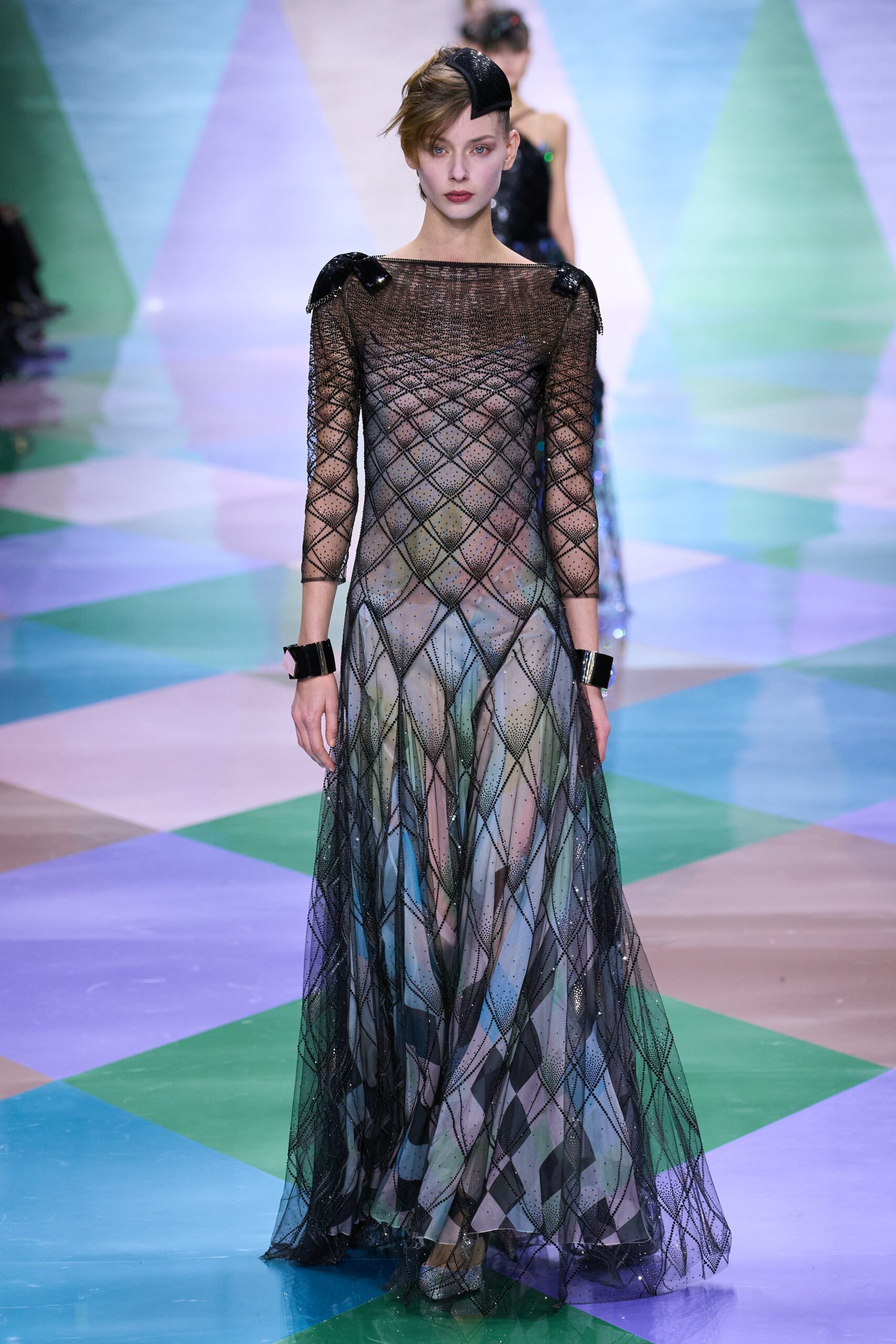 black multi-colored sheer gown