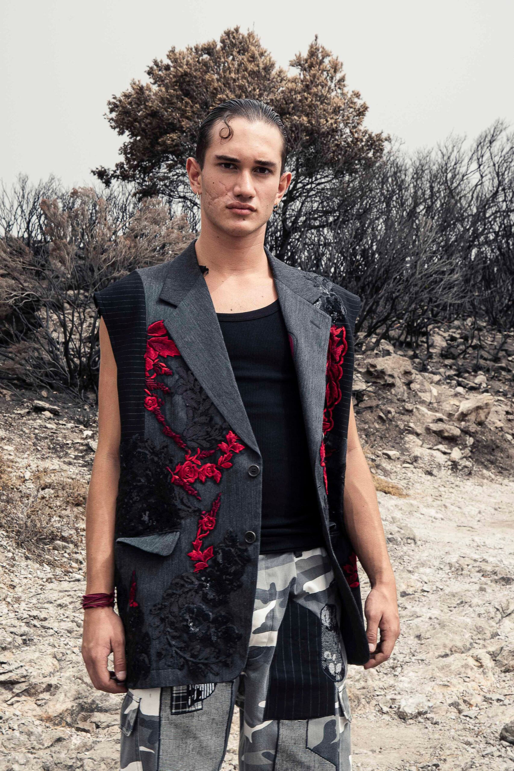 gray embroidered vest with cargo pants