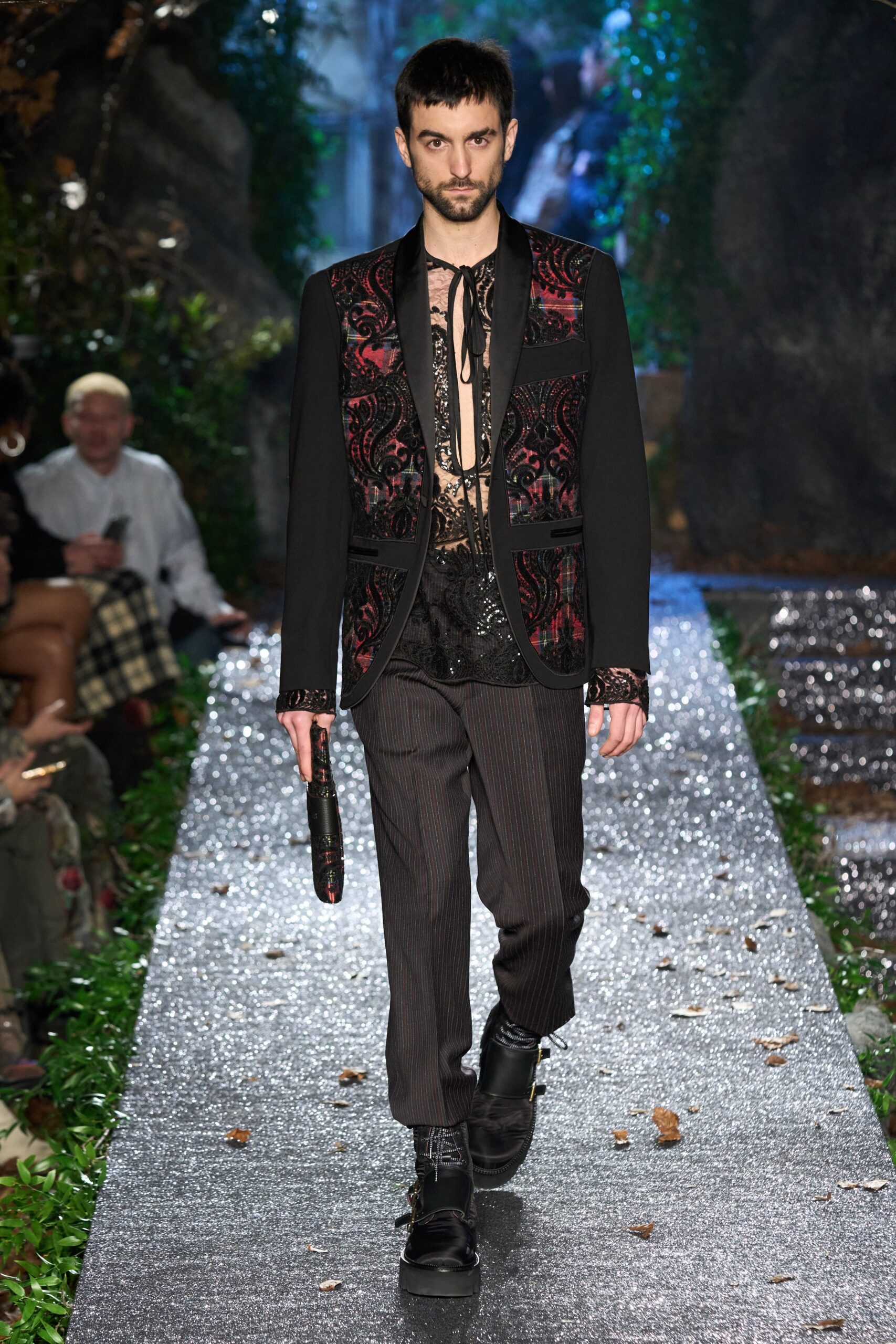 black embroidered blazer and shirt