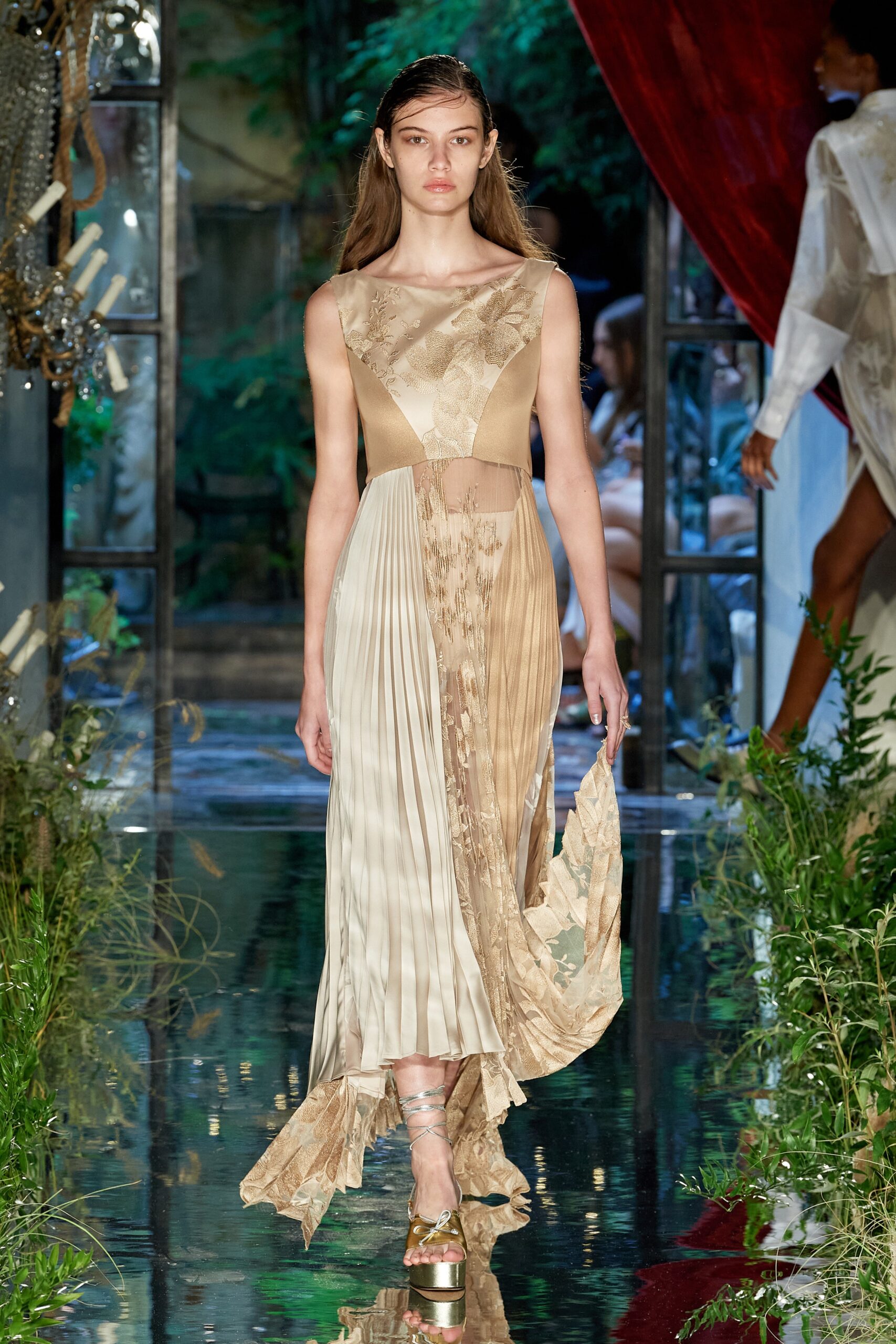 beige gold sleeveless pleated dress