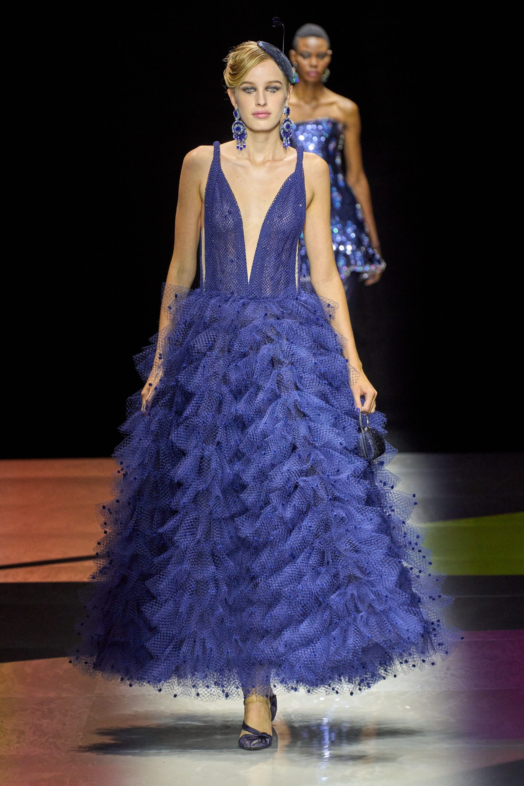 blue tulle sleeveless gown