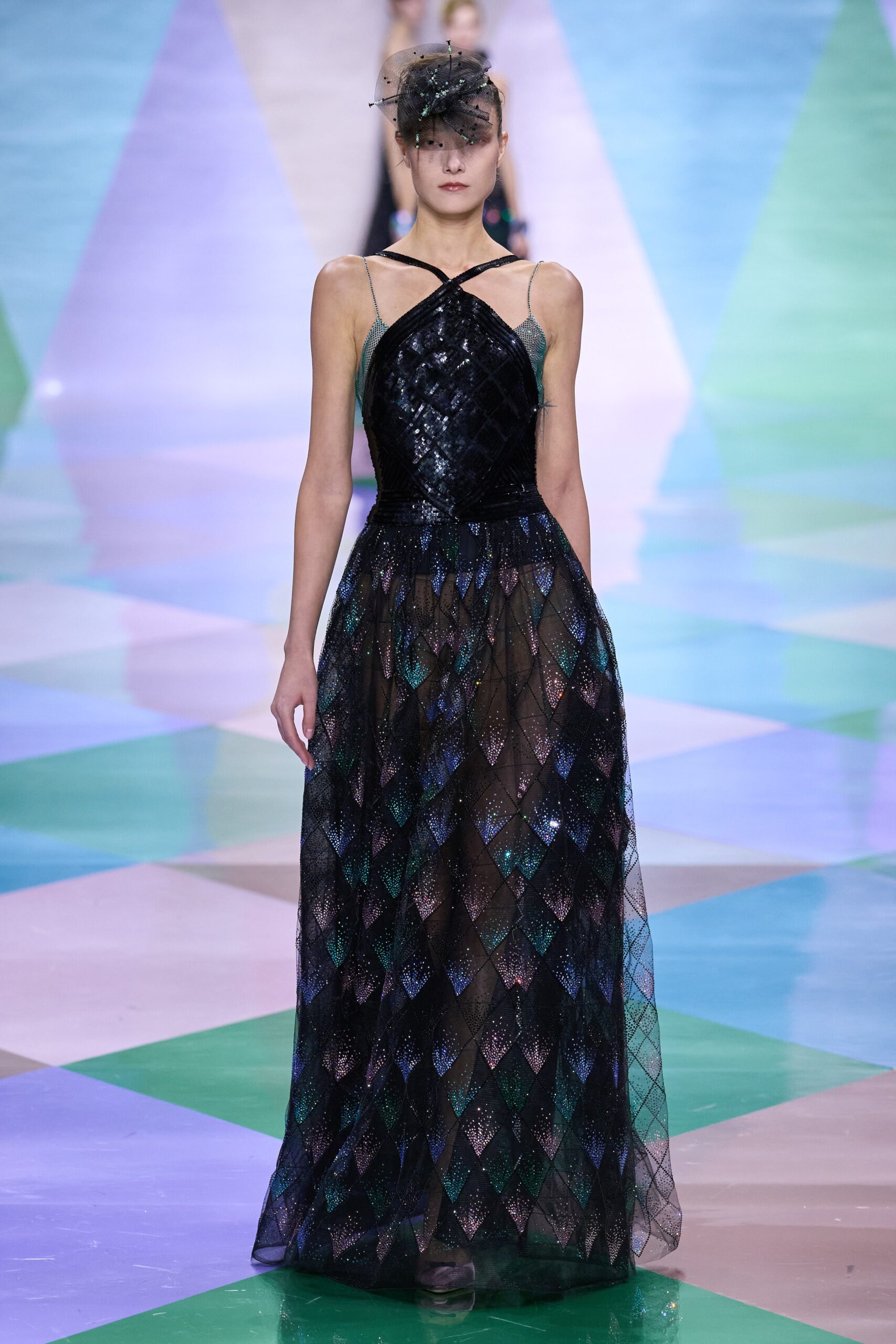 black blue green layered gown