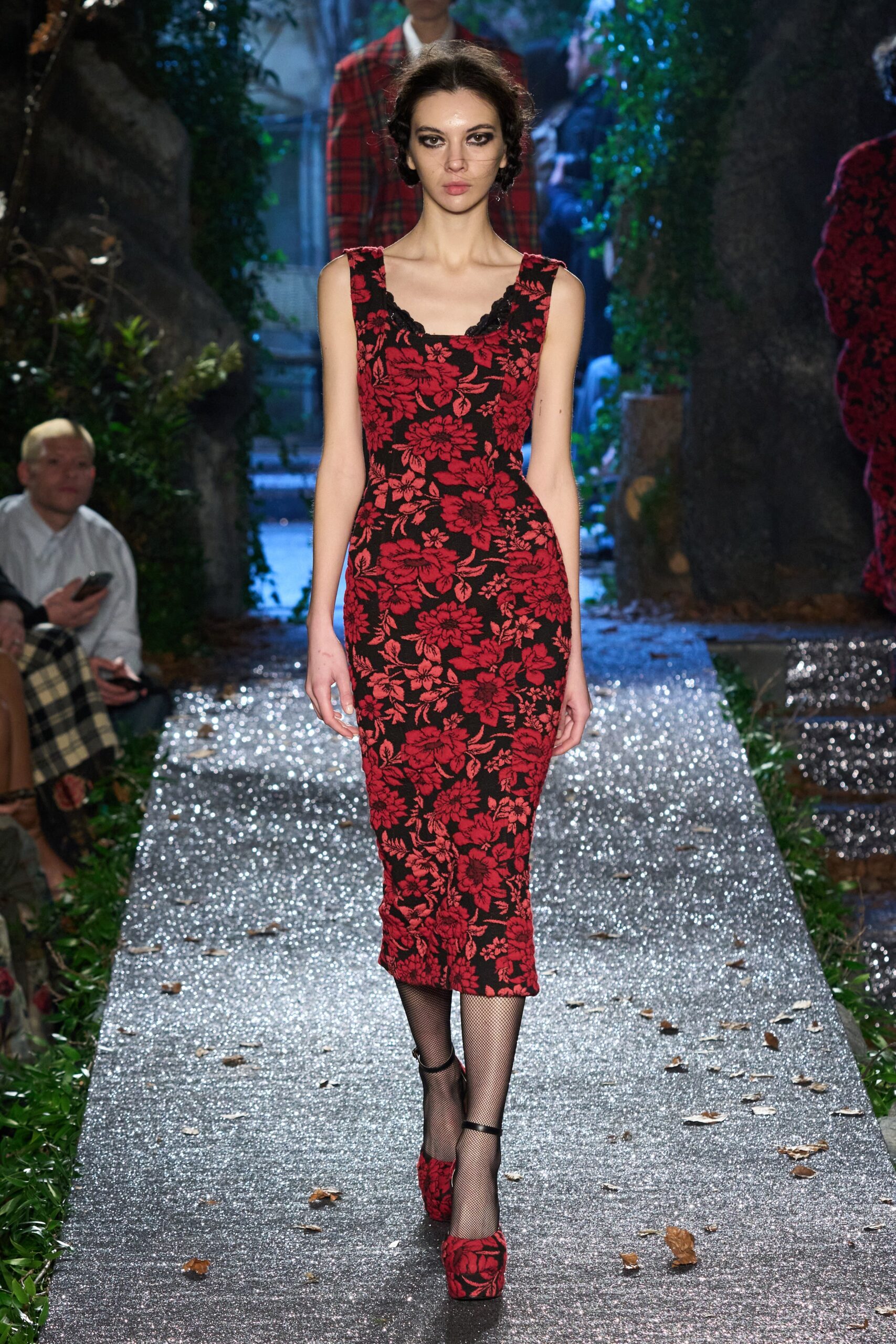 red floral fitted midi dress