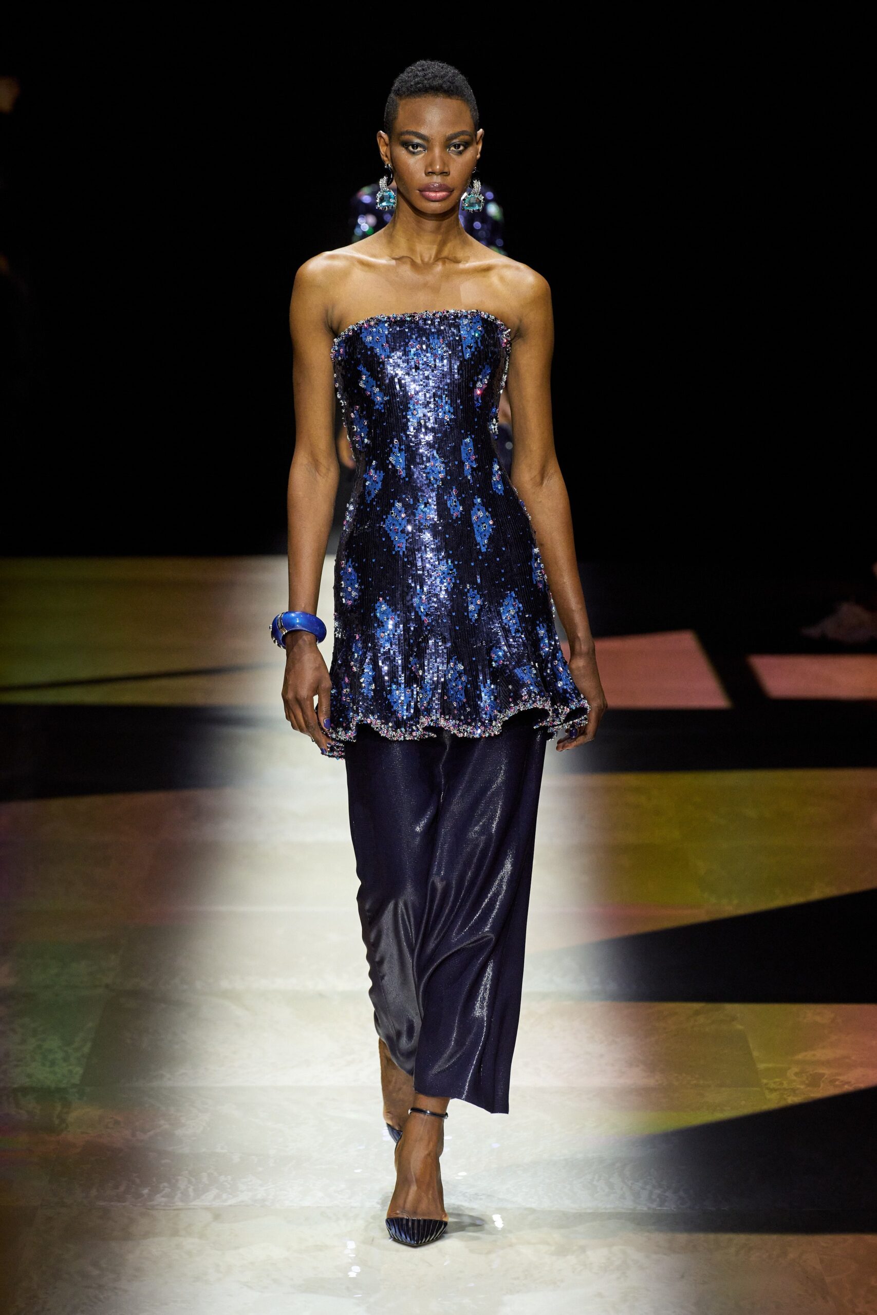 blue sequin strapless dress