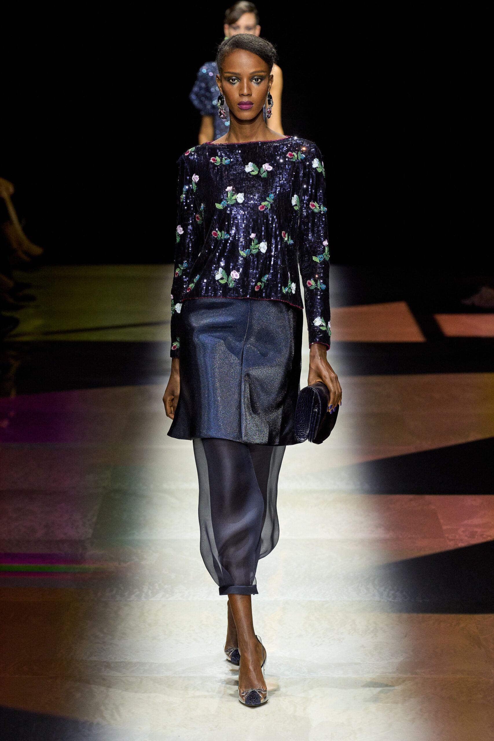 black embellished top with pencil skirt