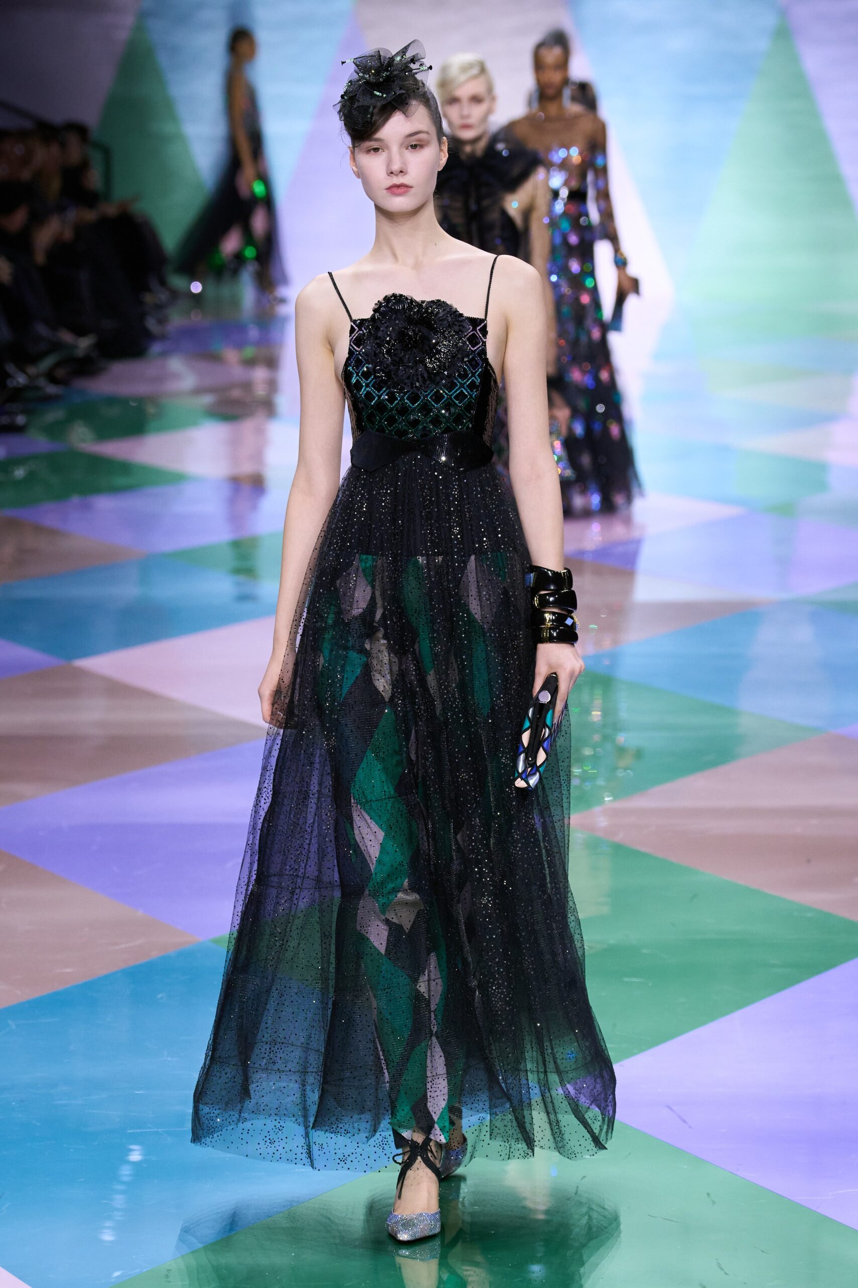 black green blue layered gown