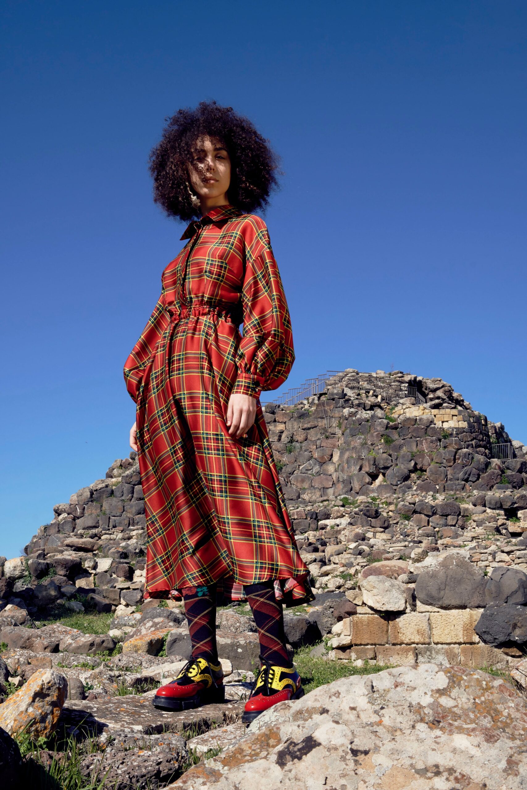 red long-sleeve collared fitted checked tiered midi dress