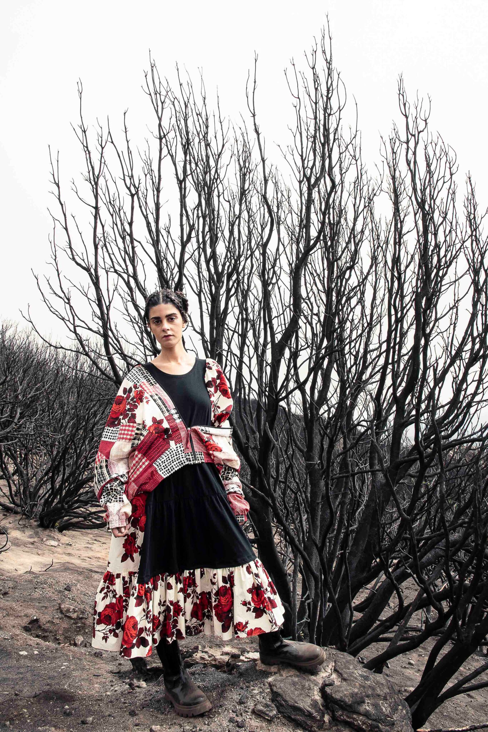 black floral midi dress with oversized jacket