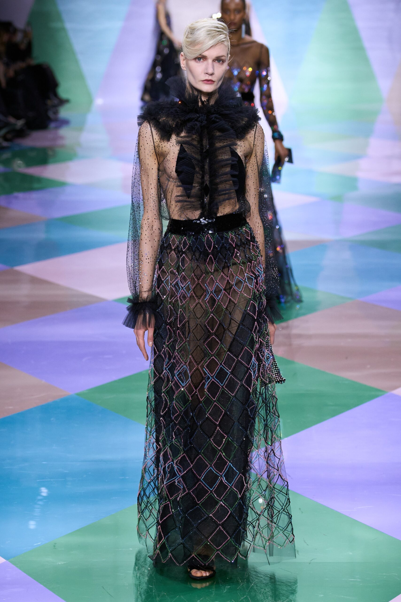 black sheer ruffled gown