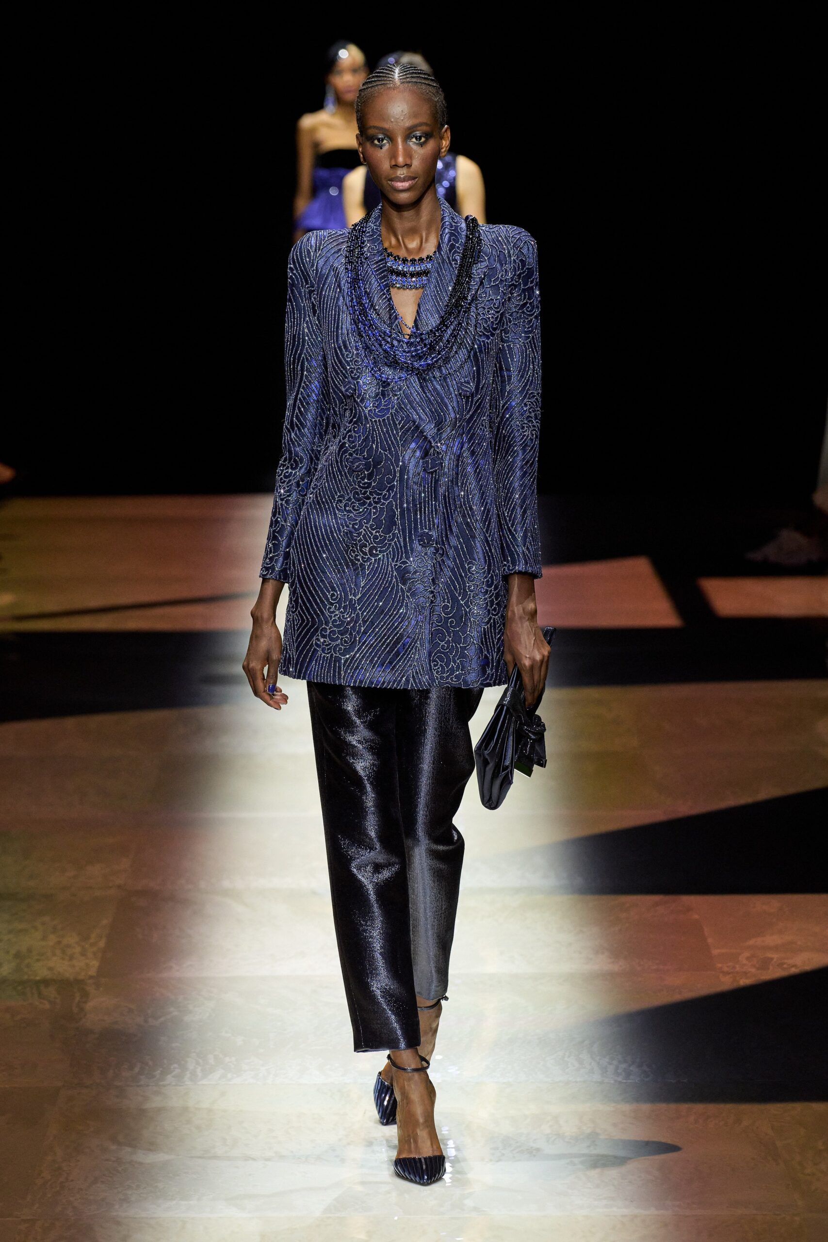 blue embroidered tailored blazer with black pants