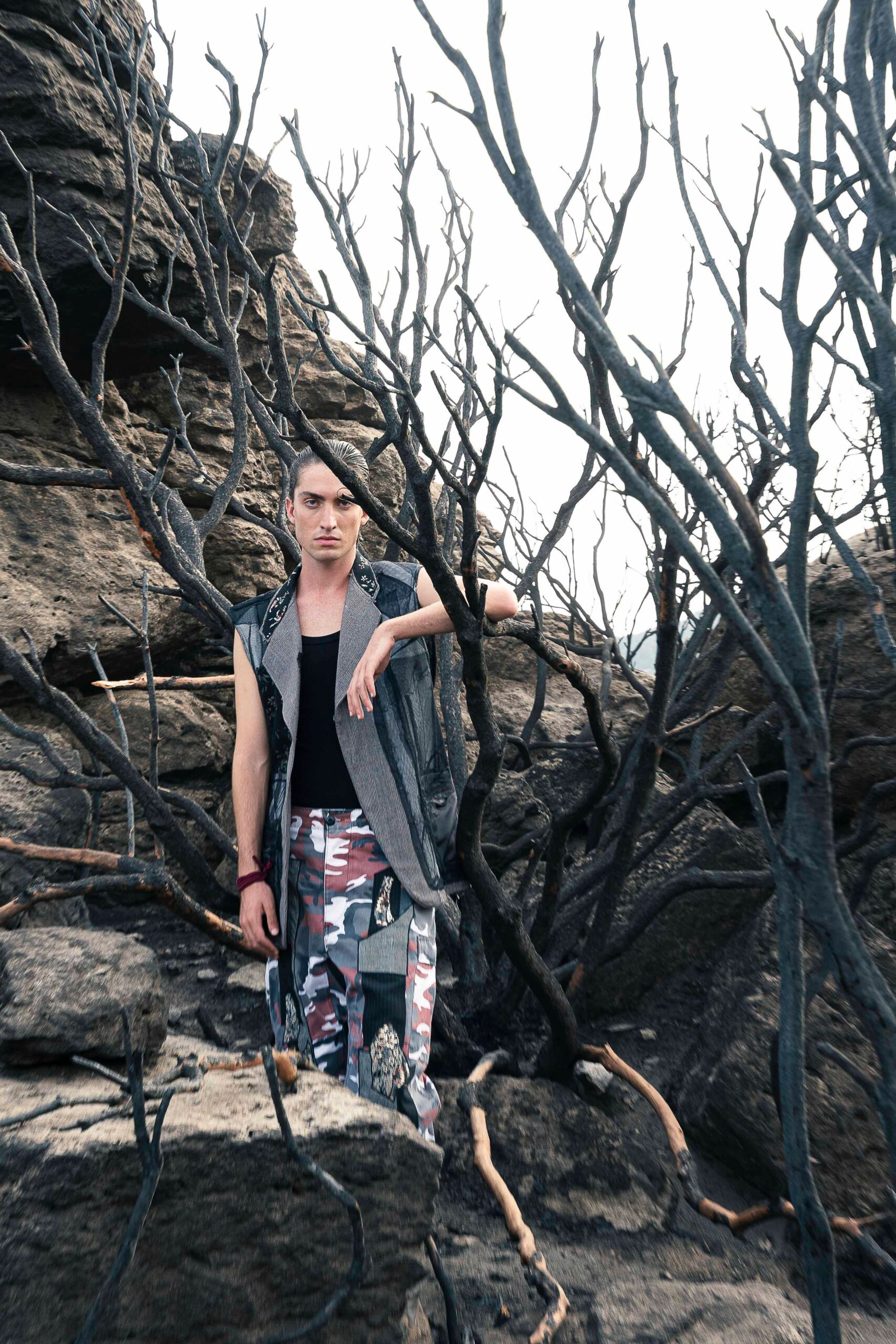 gray relaxed vest with cargo pants