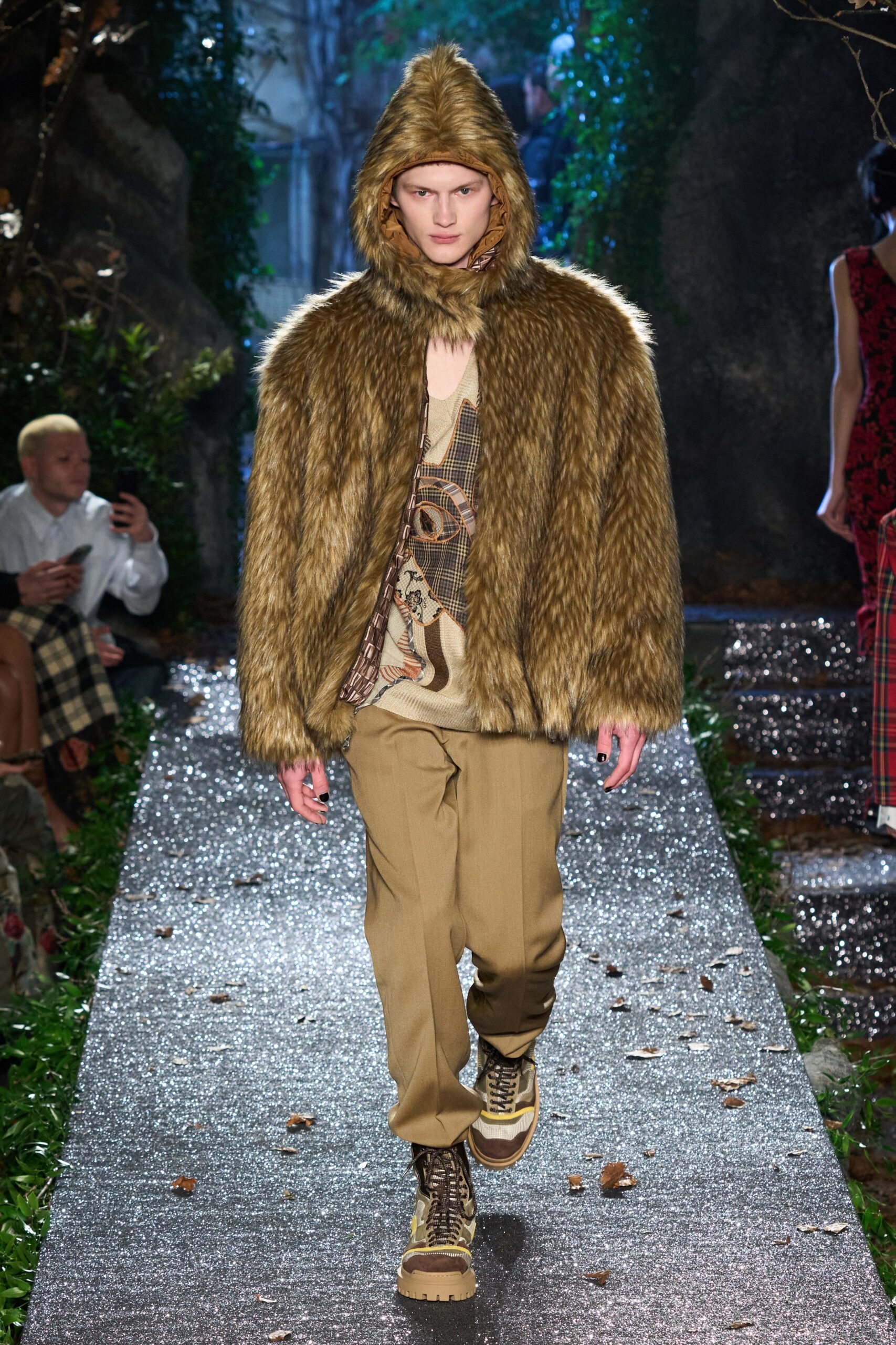 brown faux-fur coat with printed top