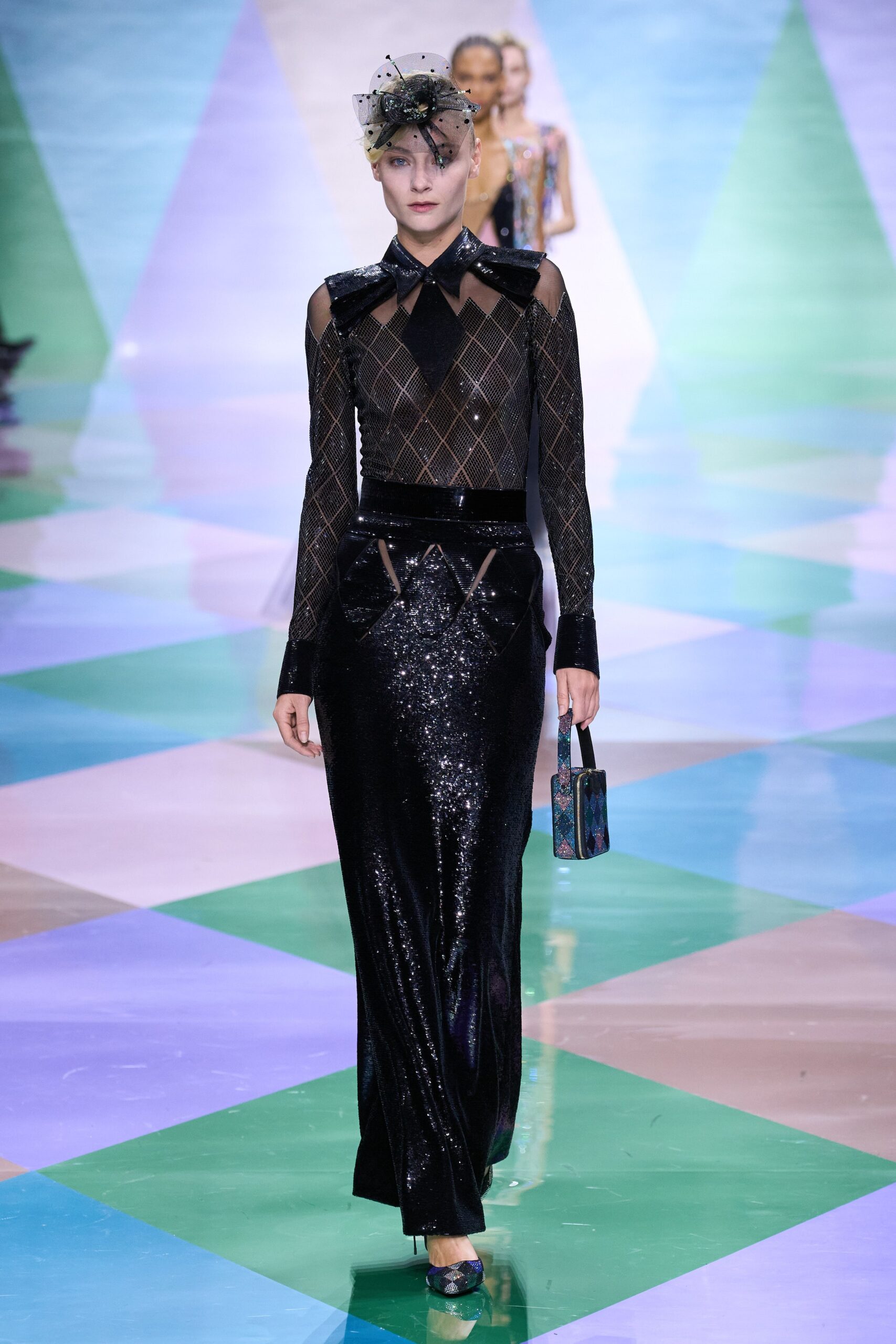black sequin maxi dress and mesh top