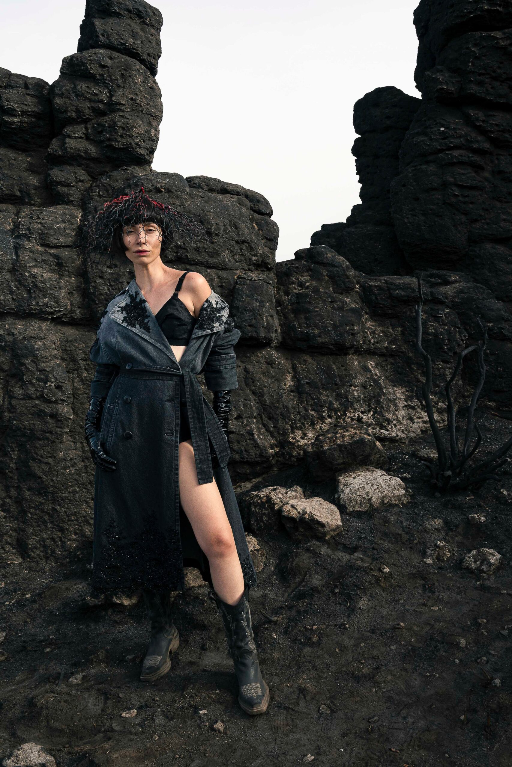 black denim long-sleeve collared relaxed draped layered coat