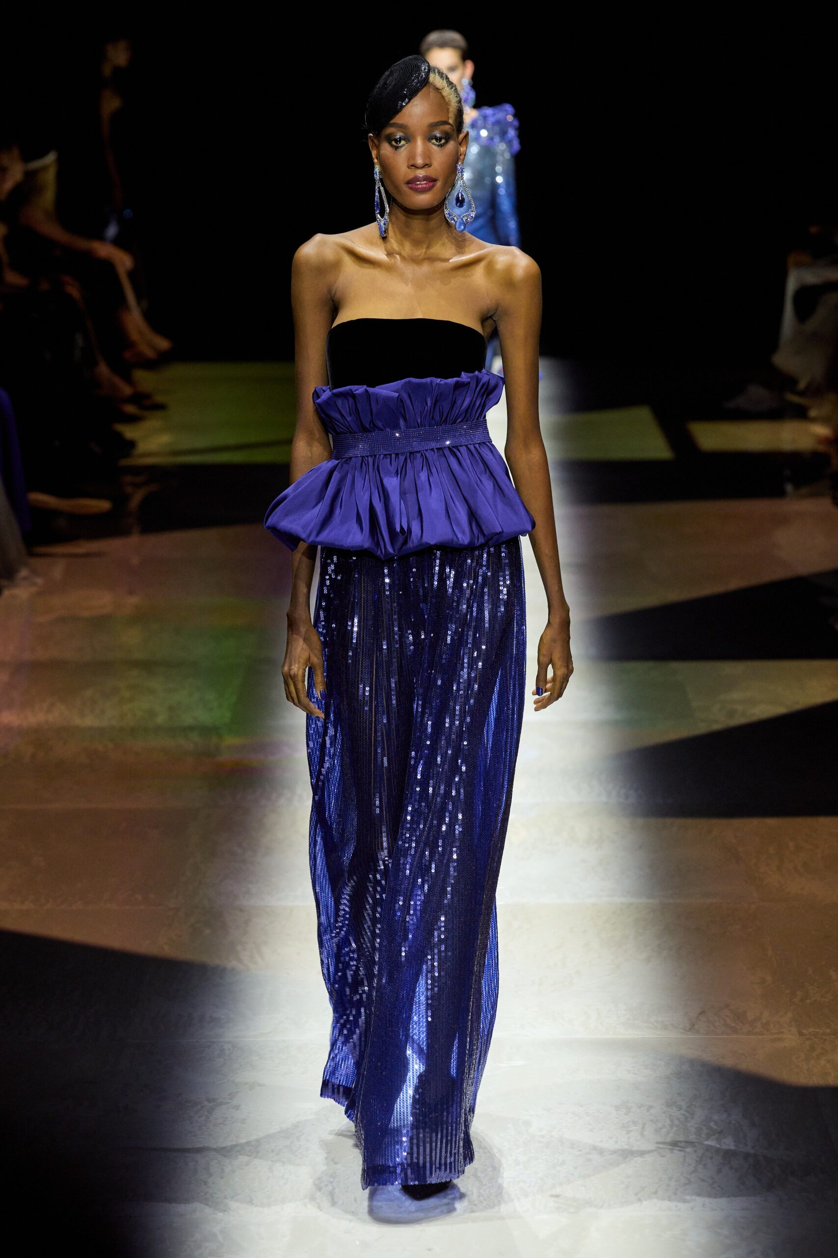 blue sequined strapless gown