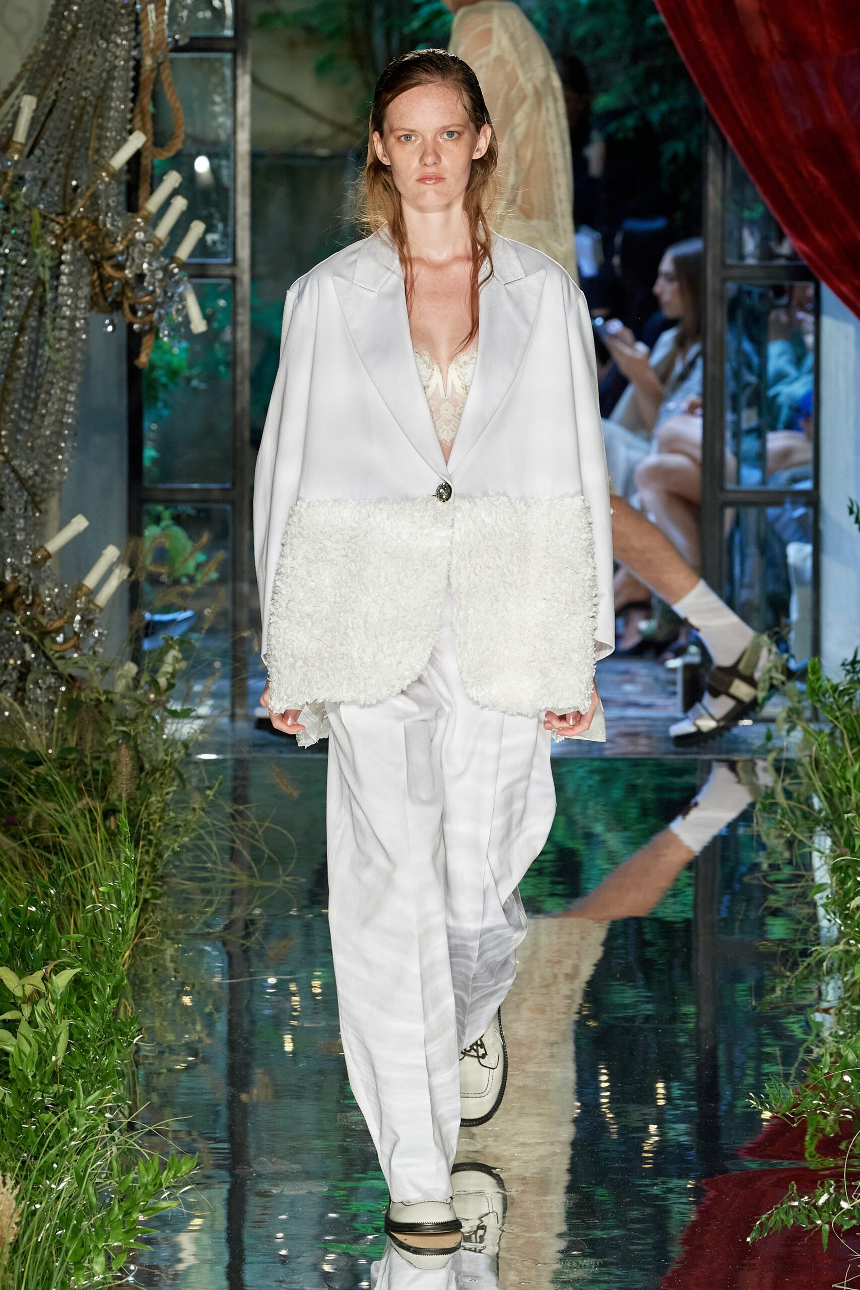 white silk relaxed blazer and pants