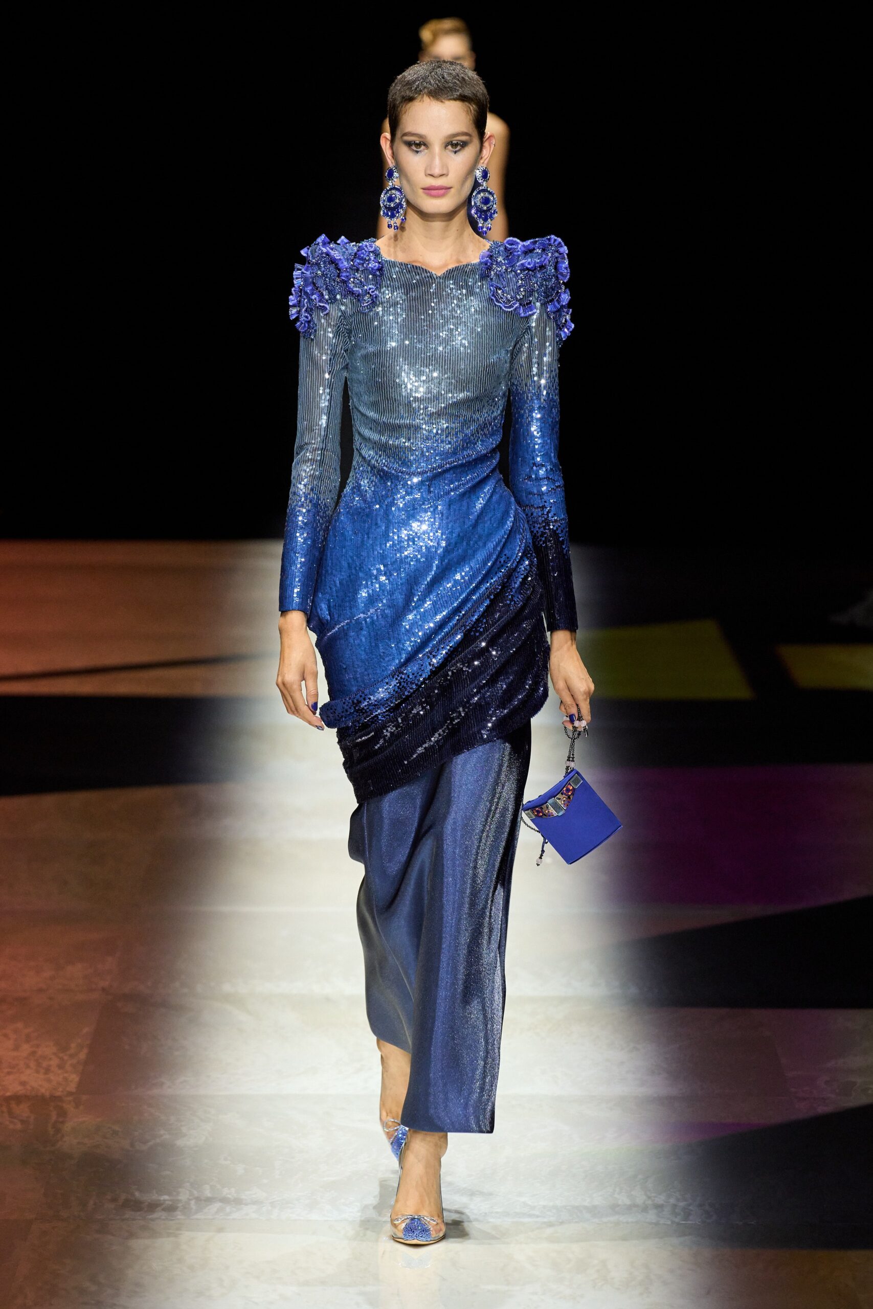 blue and purple sequined gown