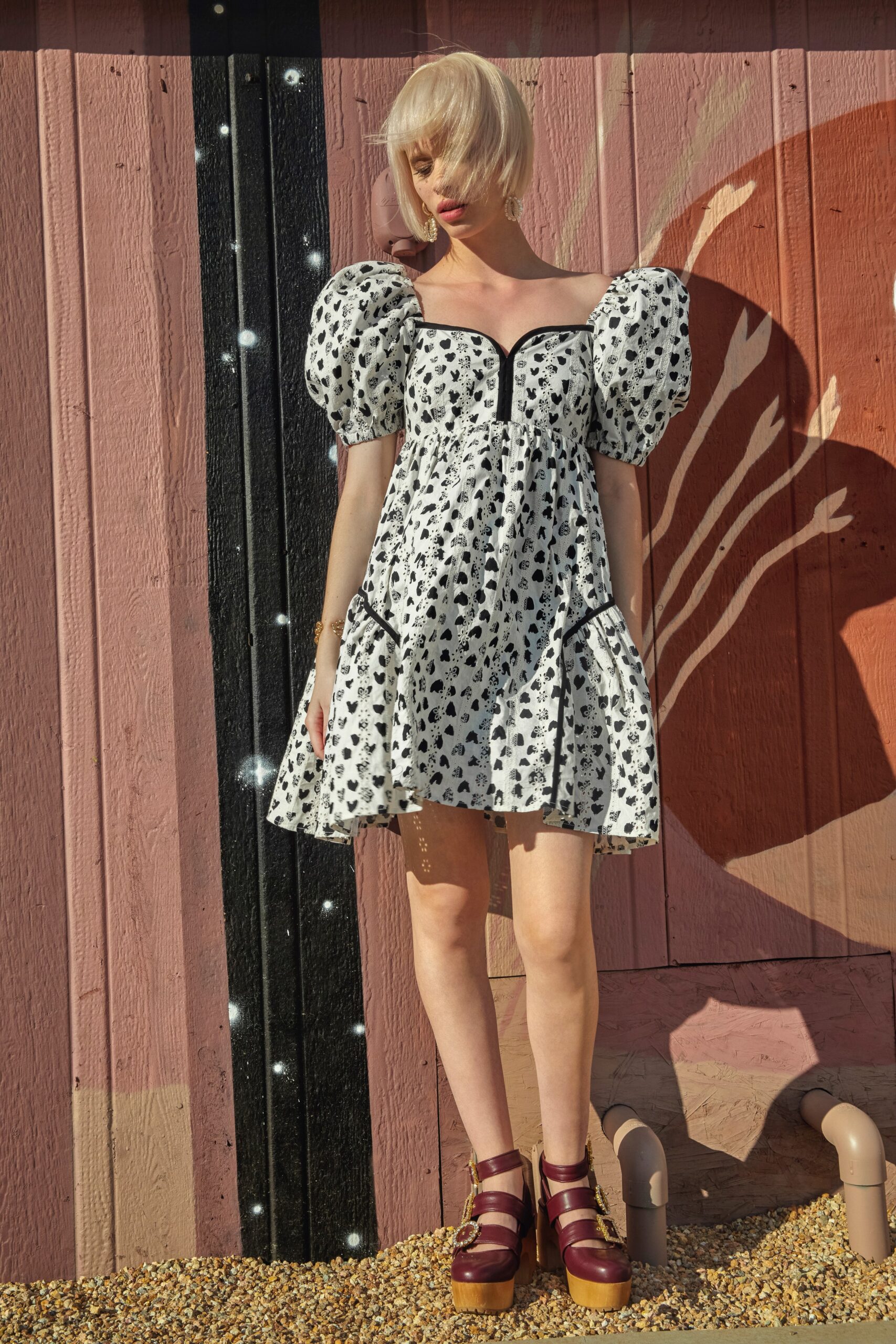 white and black puffed mini dress