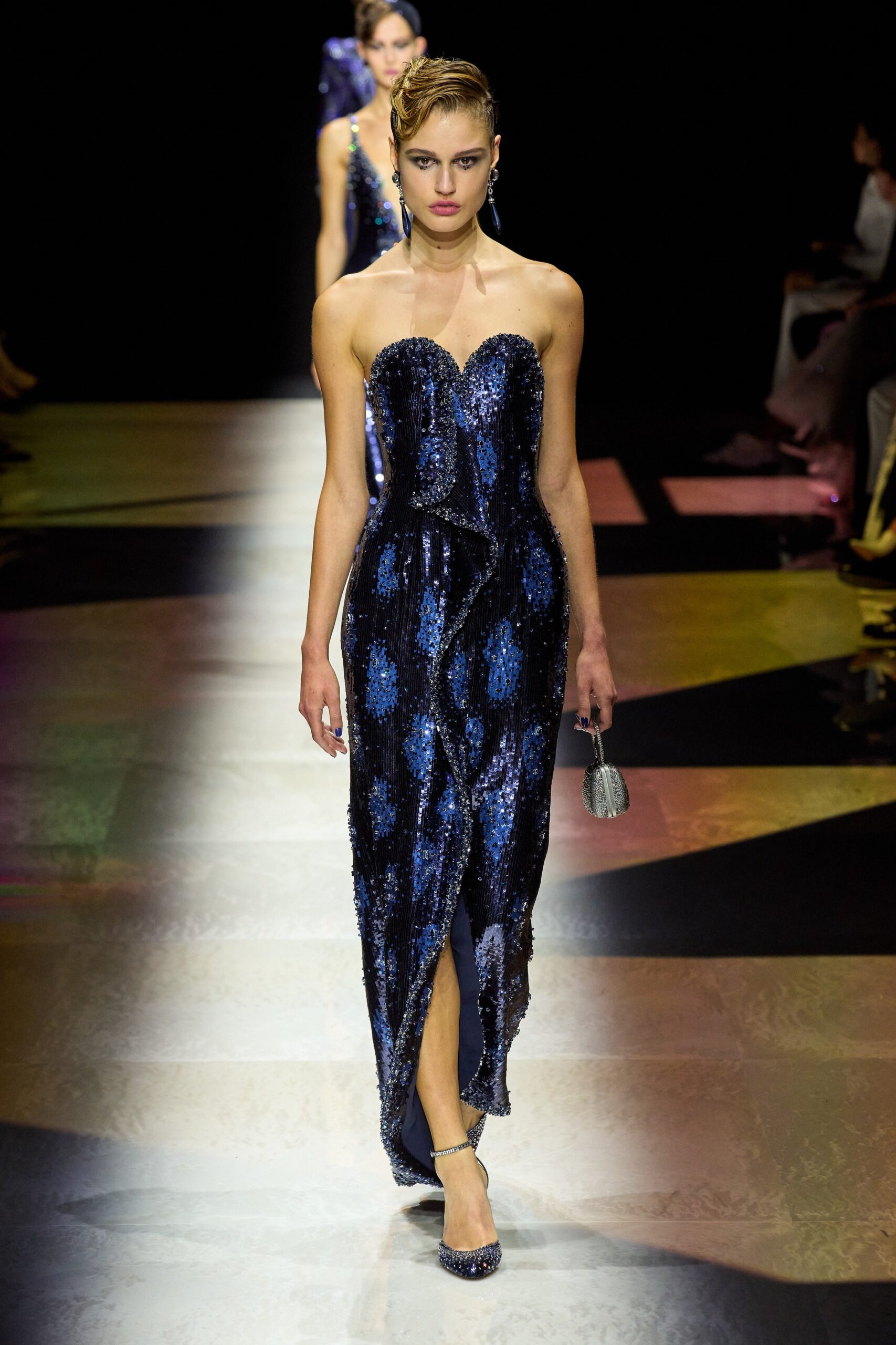 blue sequin strapless gown