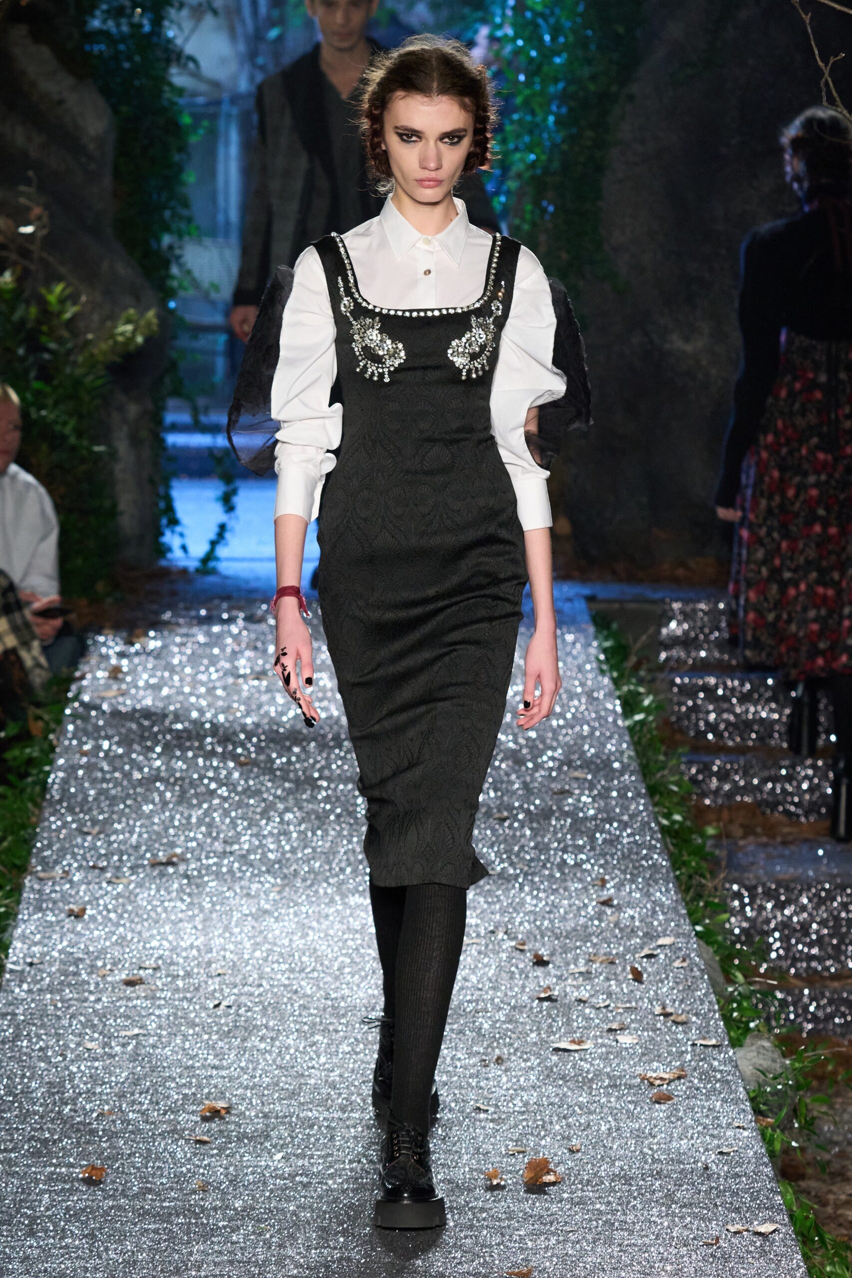black embroidered midi dress with white shirt
