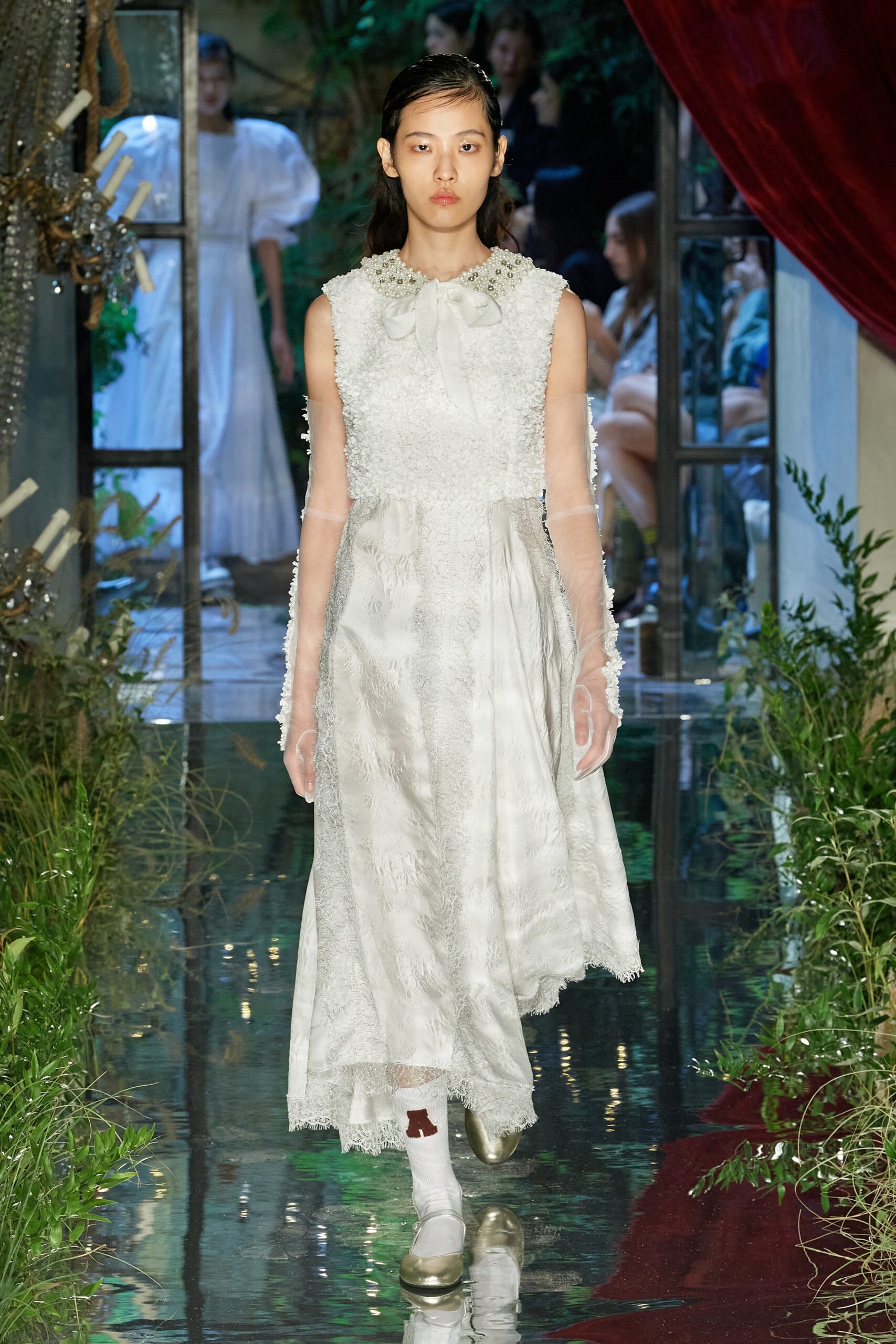 white silk pleated dress