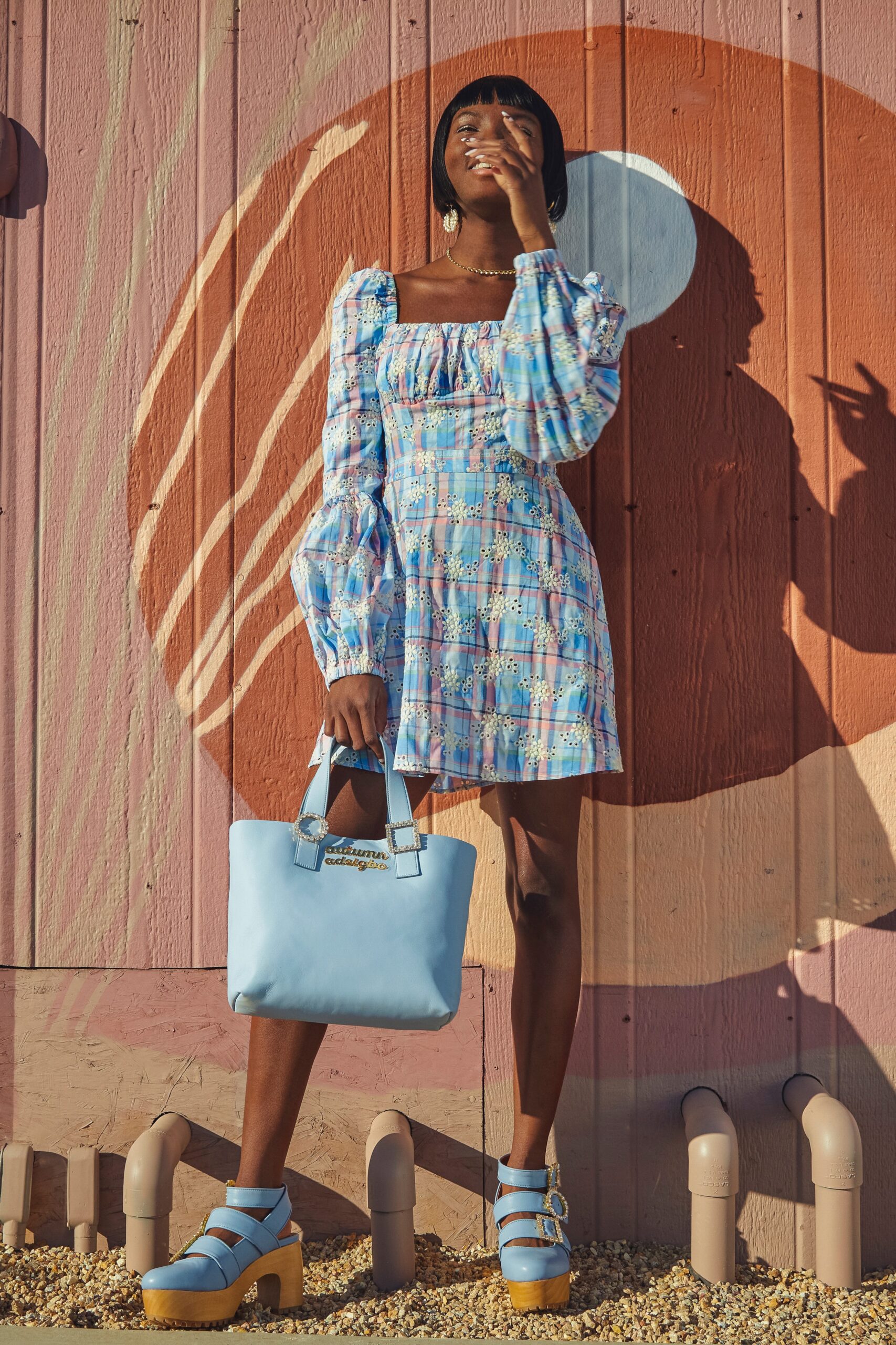blue and white mini dress