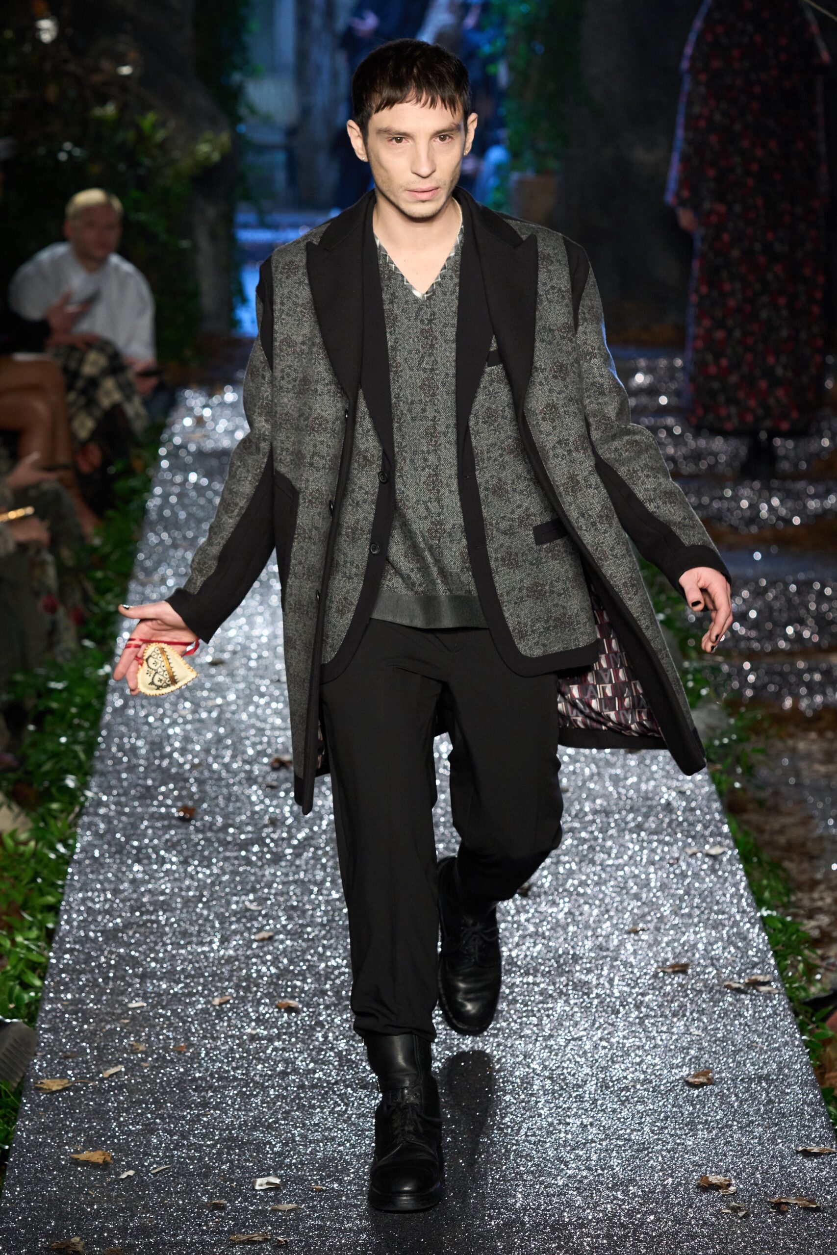 gray wool coat with black top