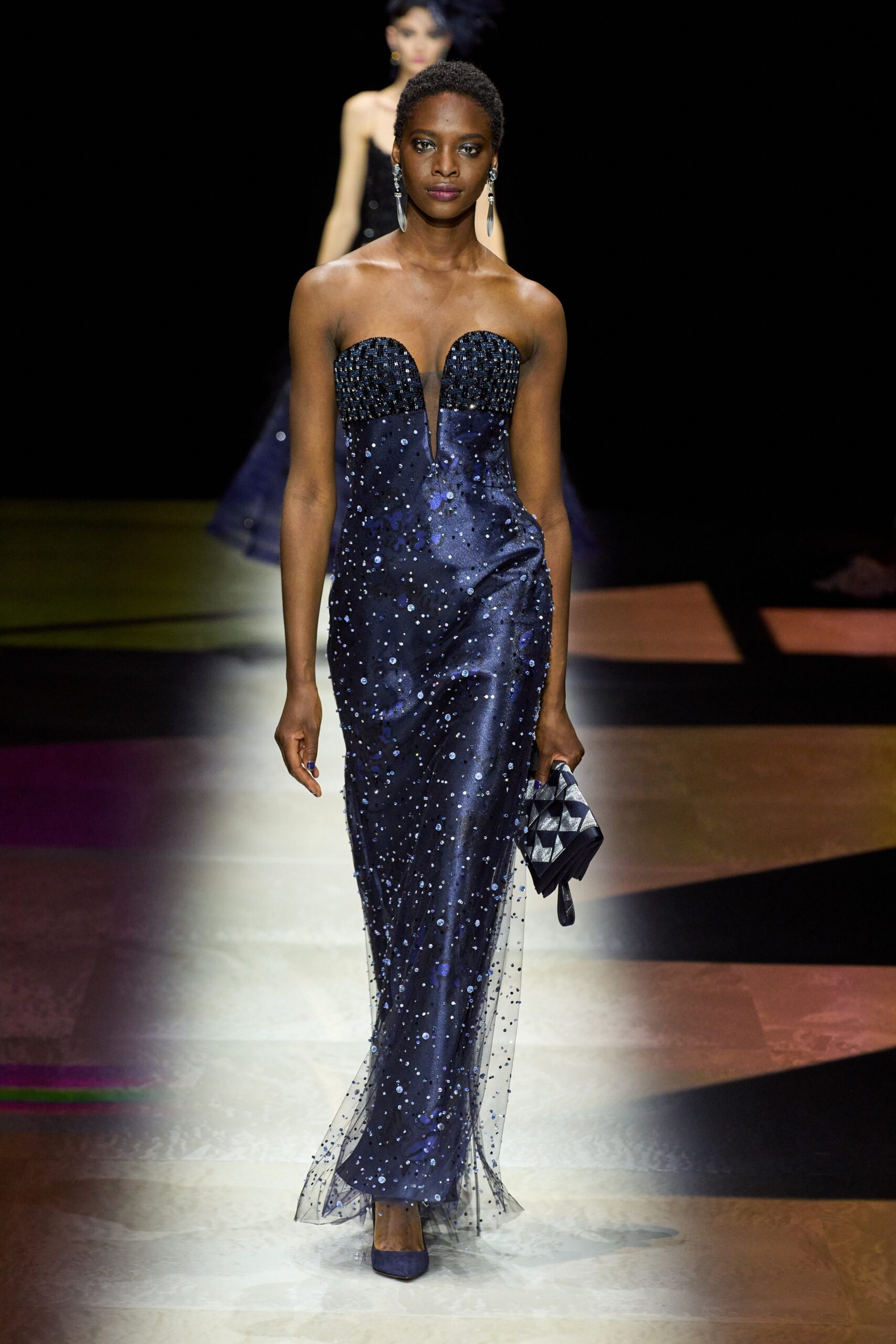 blue sequined strapless gown