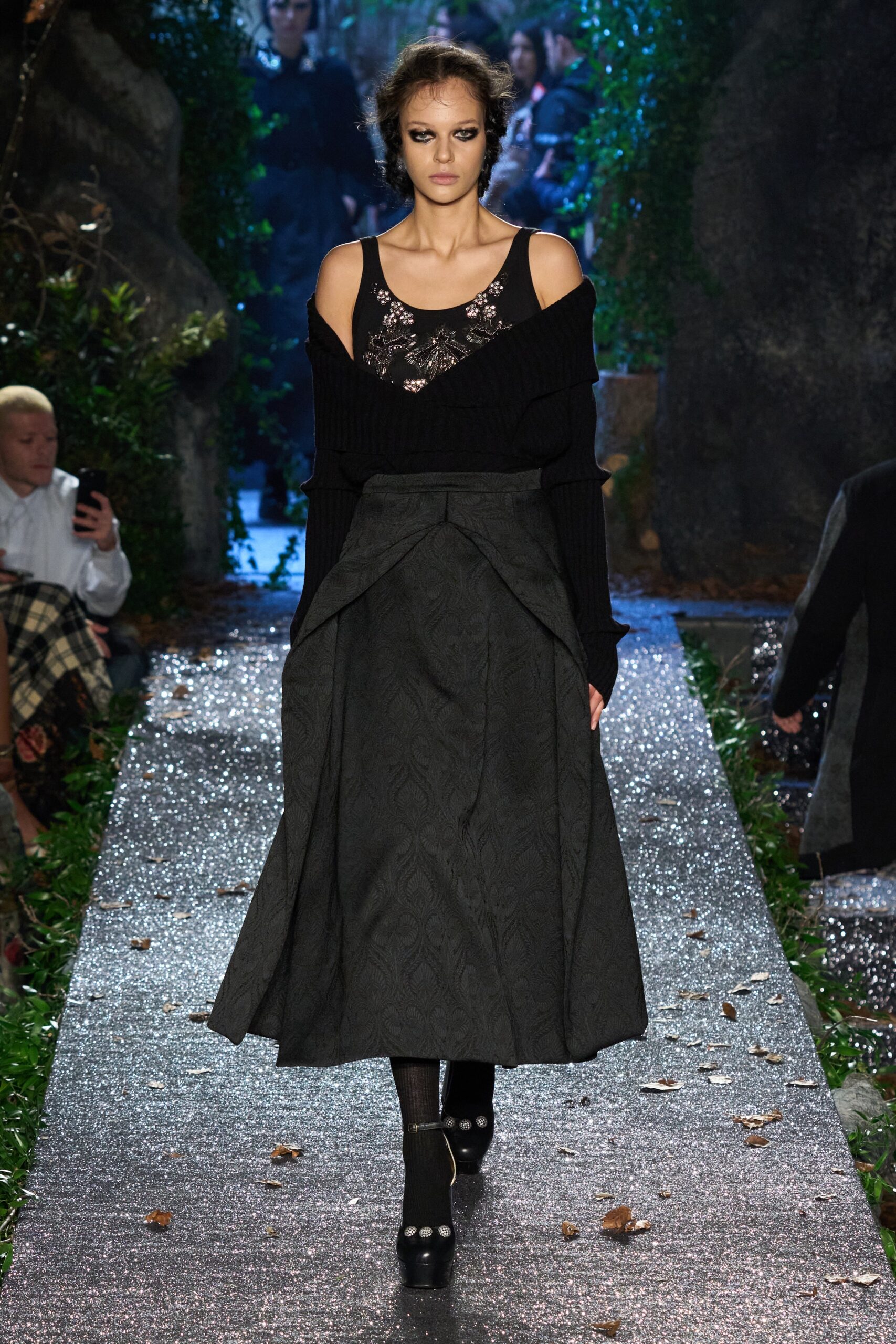 black off-shoulder sweater and midi skirt