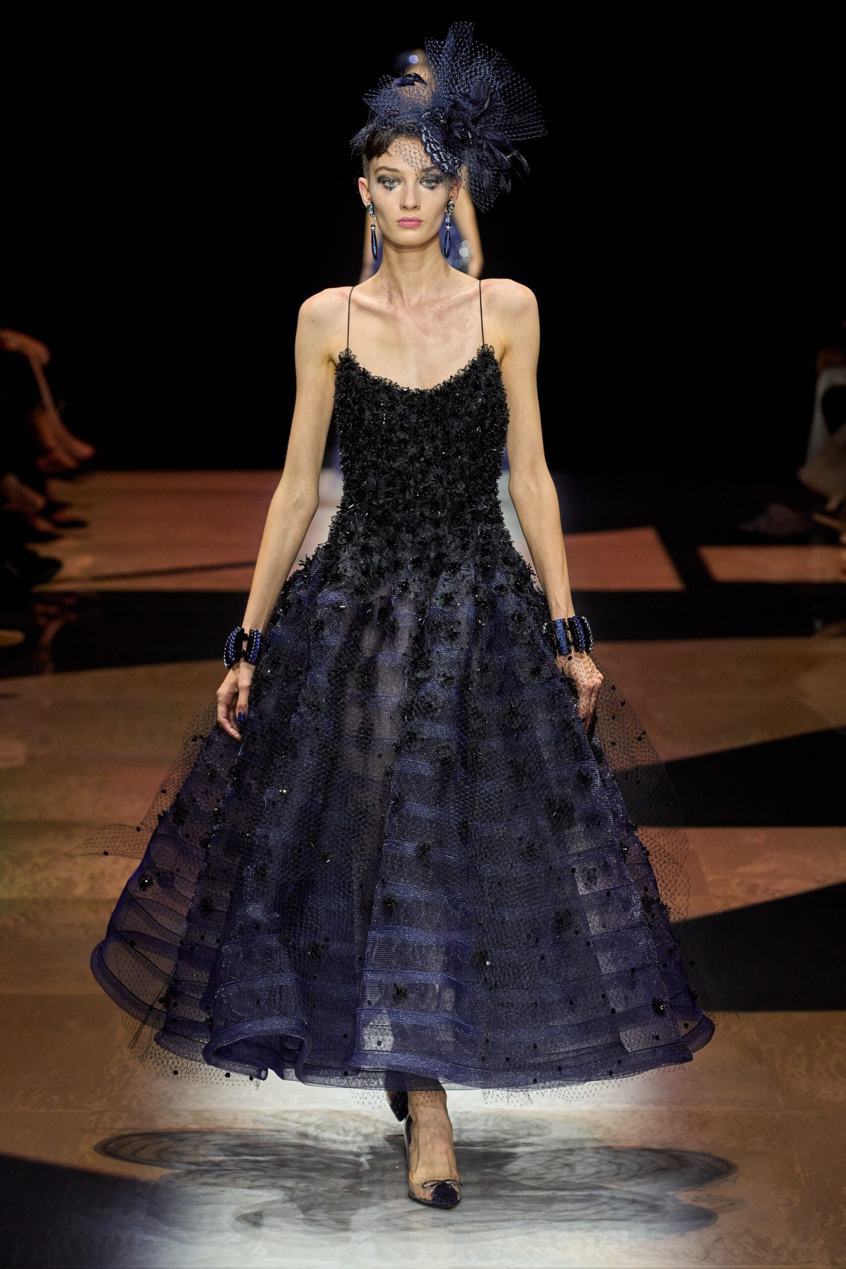 black blue tulle midi dress