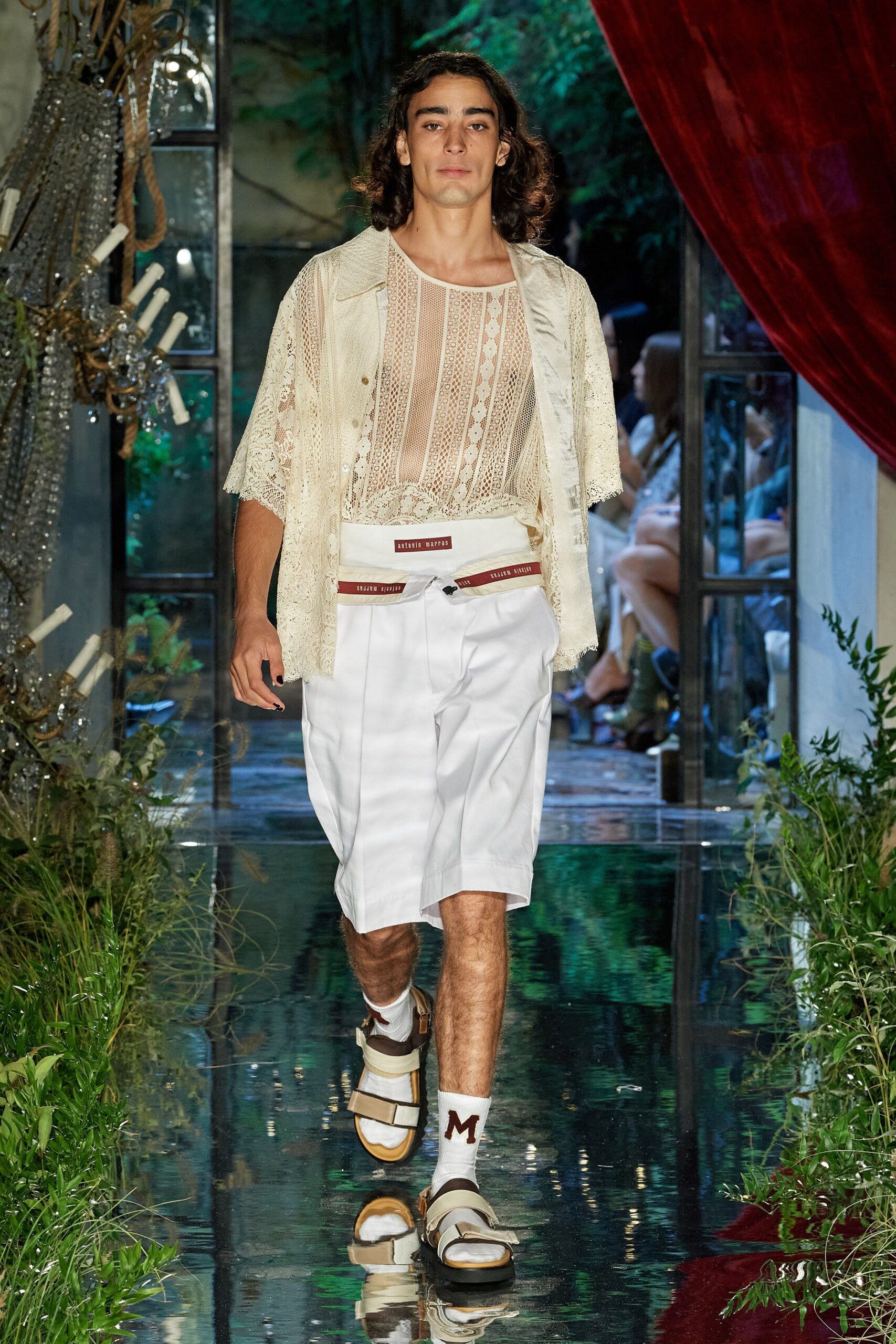 white lace shirt and shorts