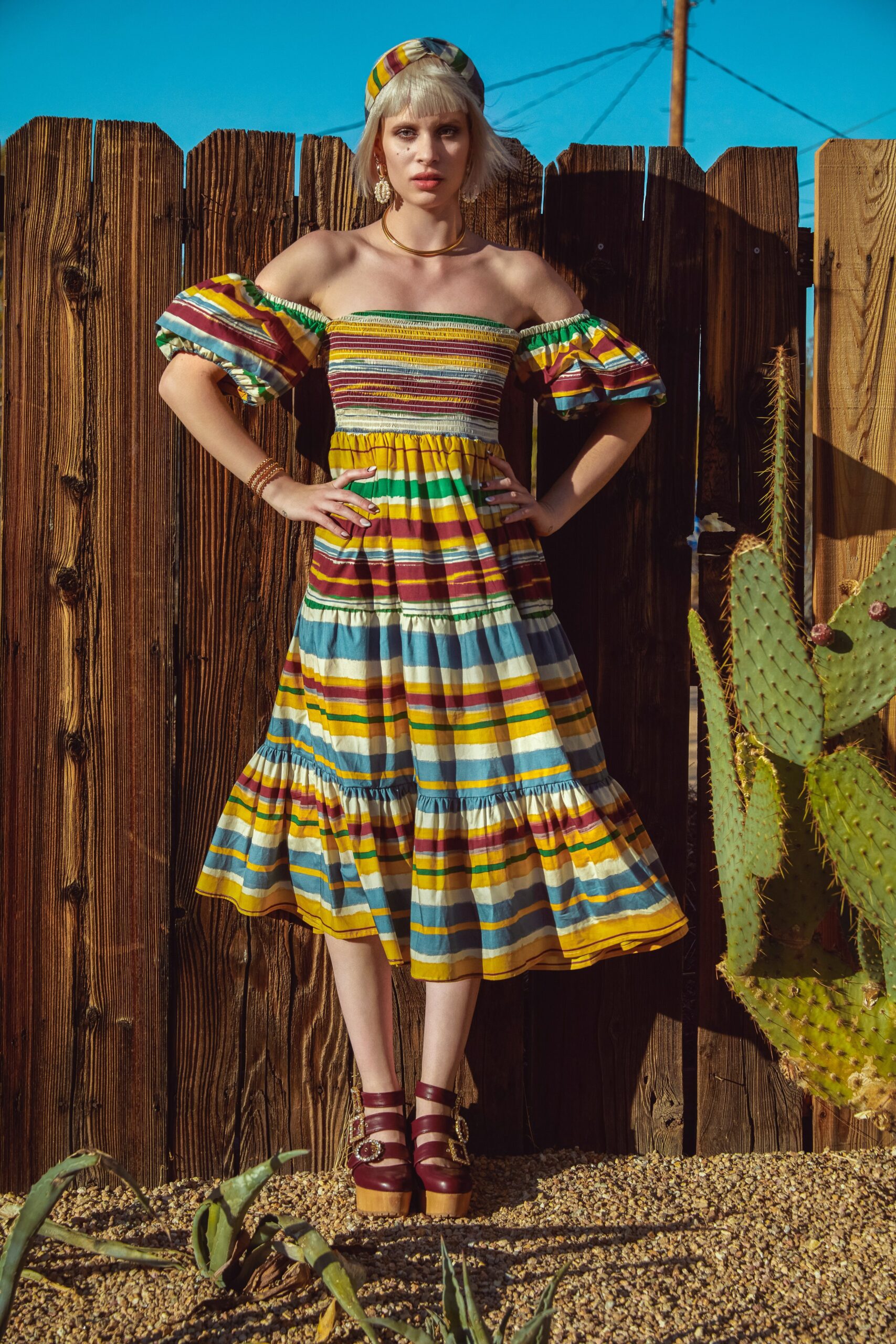 multi cotton off-shoulder short-sleeve fitted tiered ruffled dress