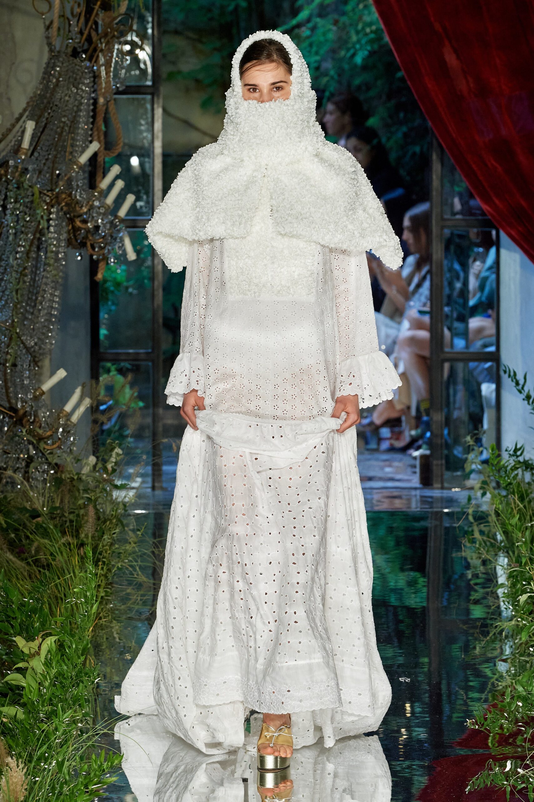 white embroidered gown with cape
