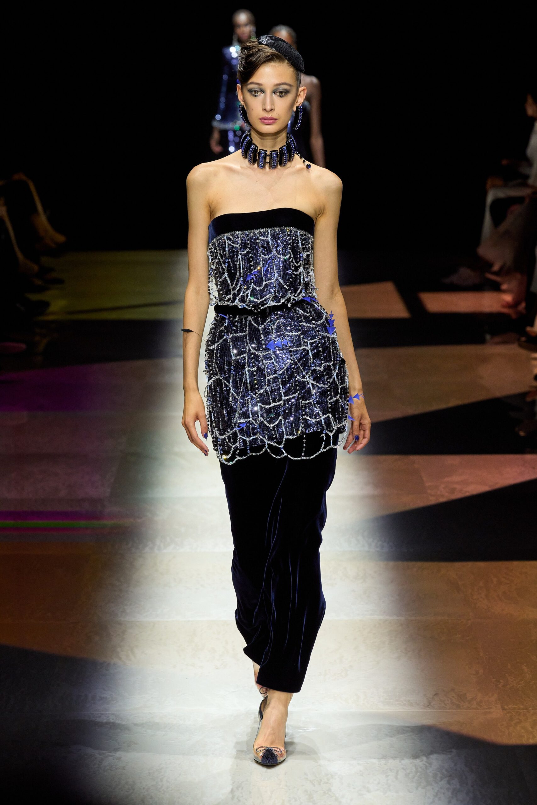 black and blue sequined gown