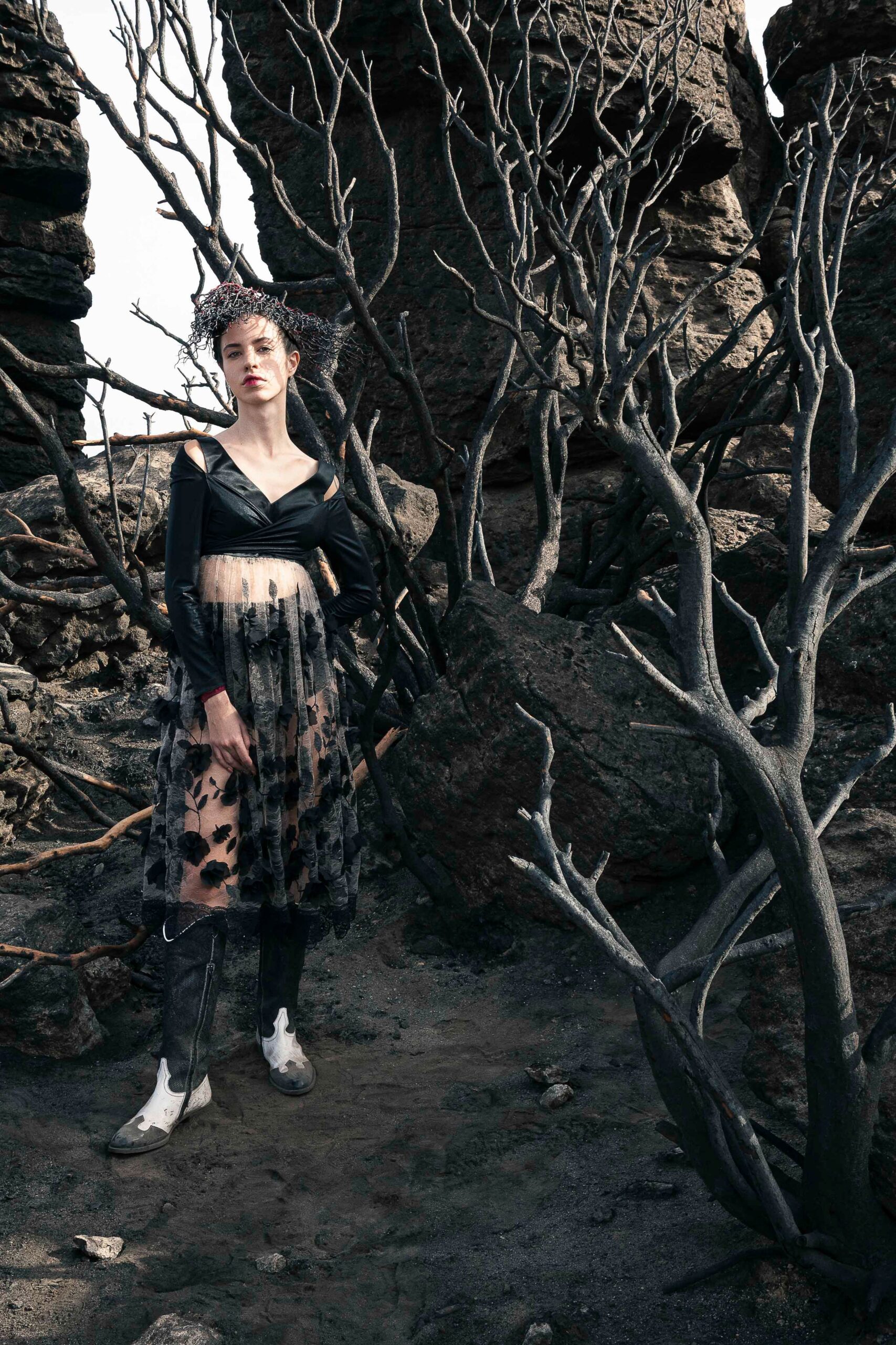 black silk off-shoulder top with tiered skirt