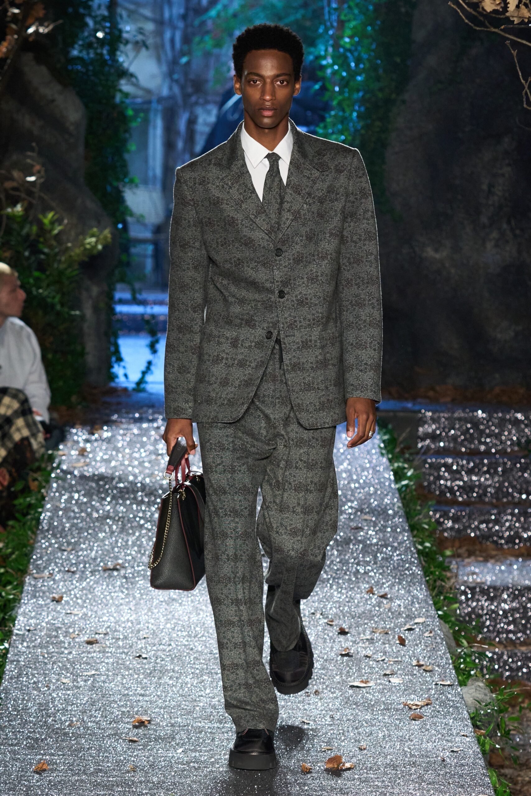 gray tailored suit with white shirt