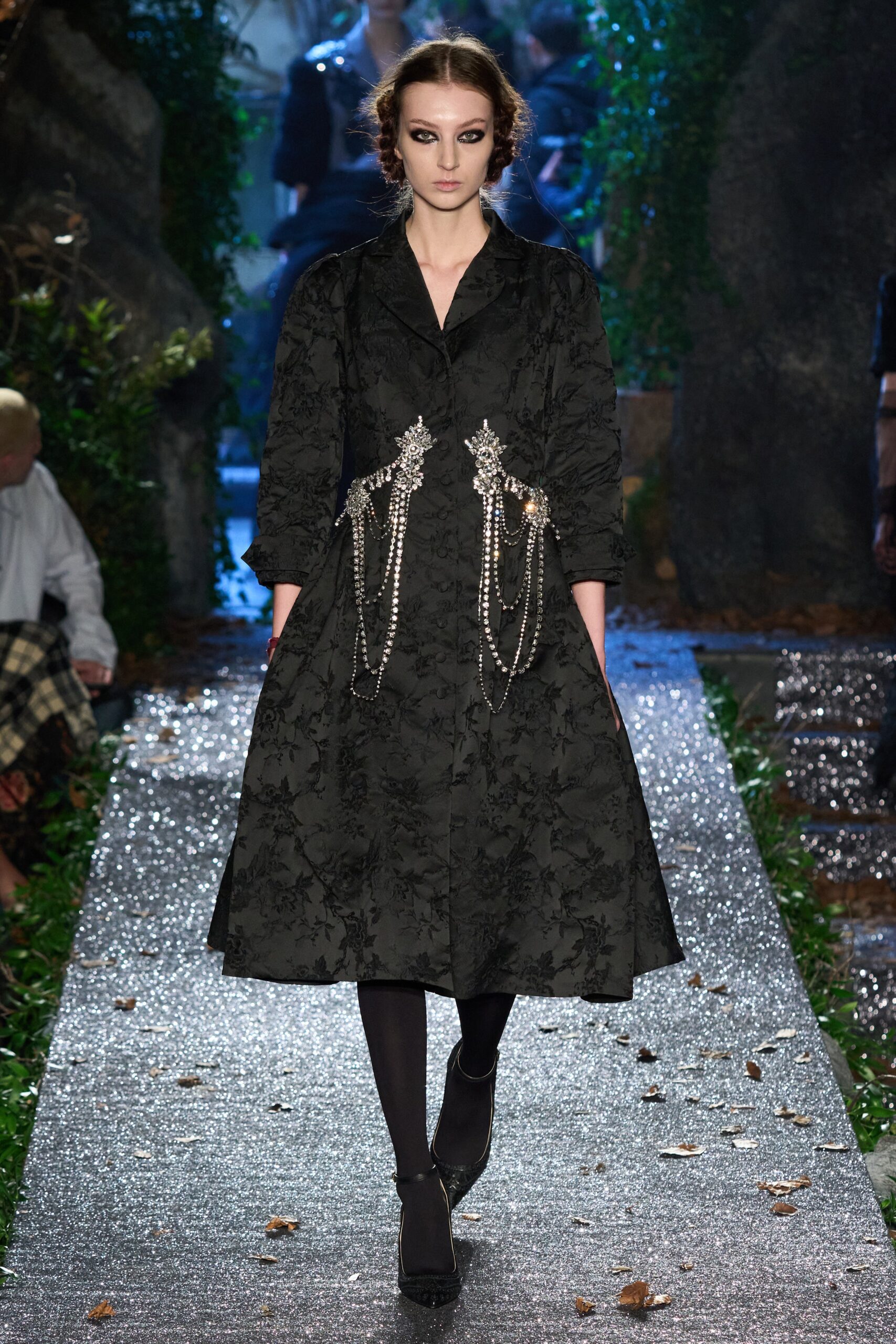 black silk embroidered midi dress