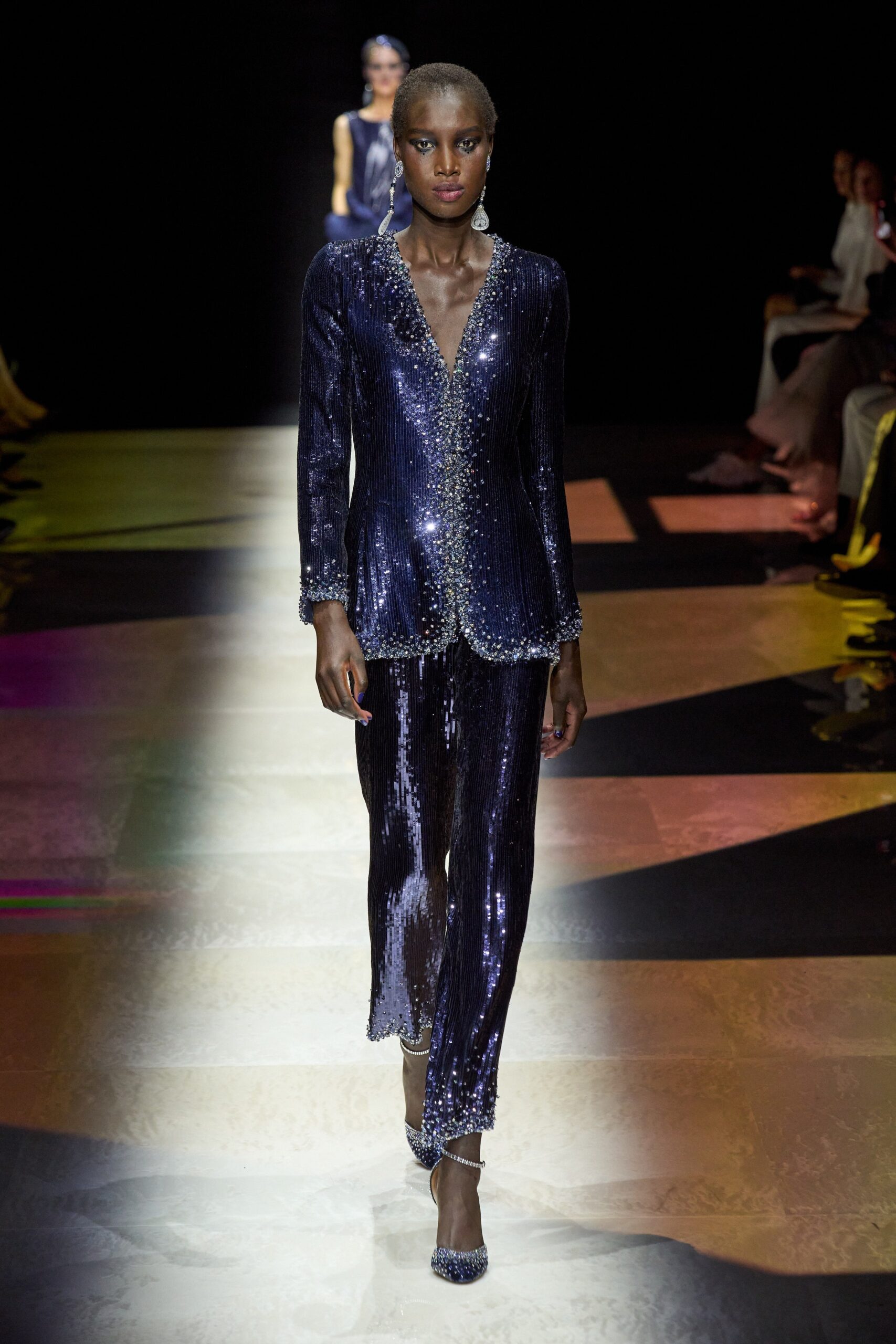 blue sequin fitted suit