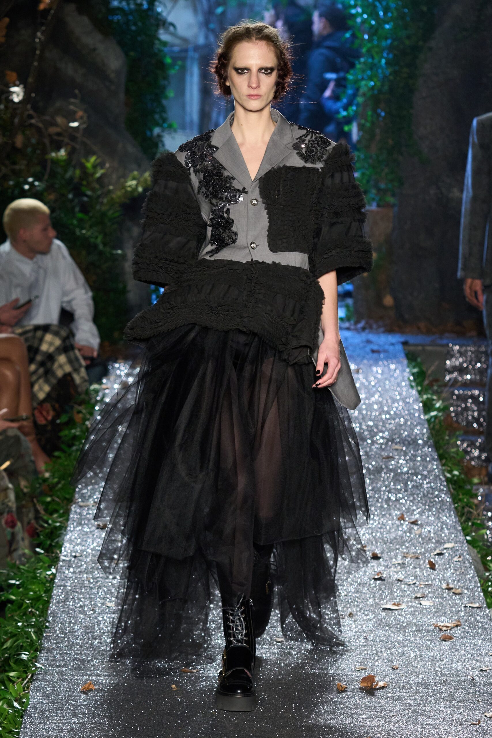 oversized black wool coat with tulle skirt
