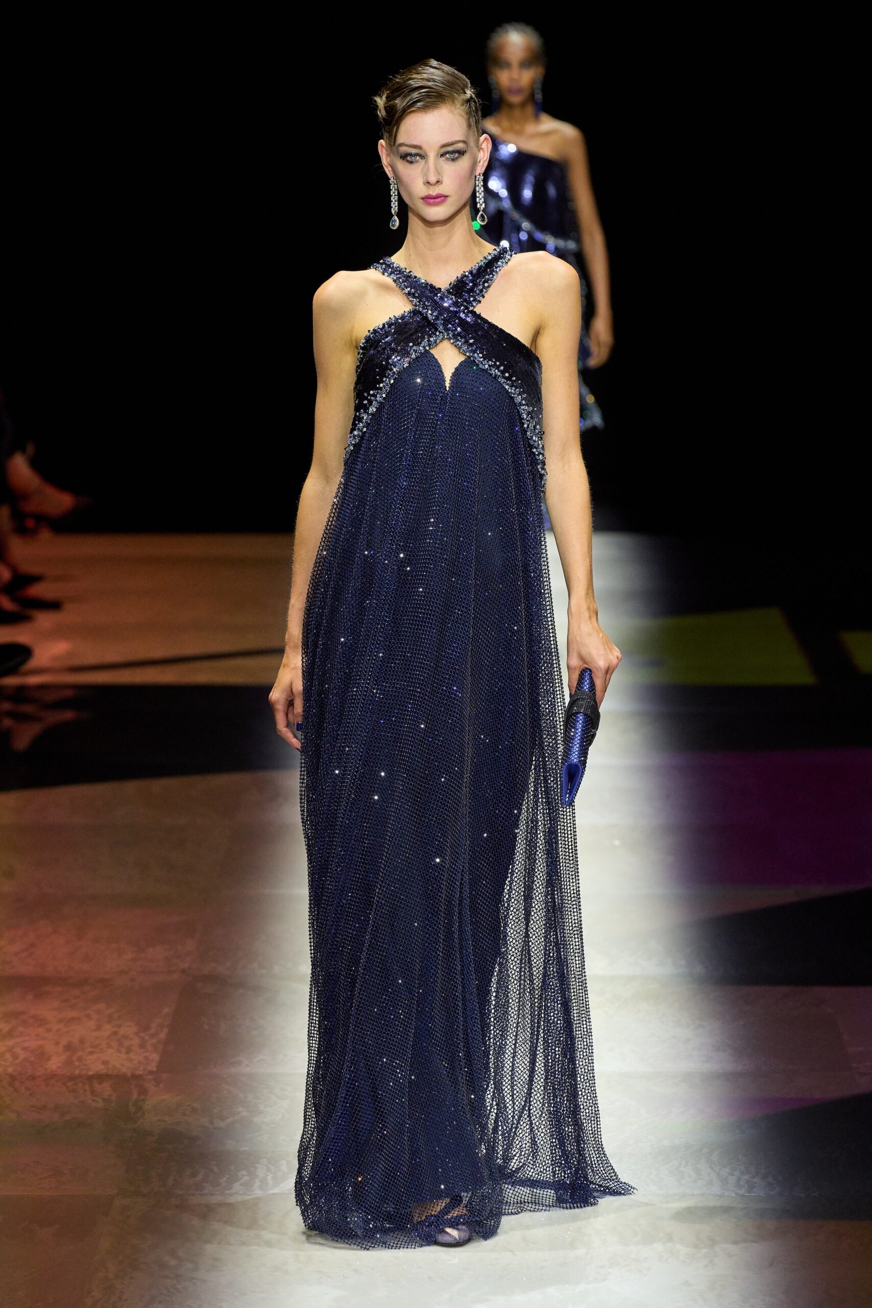 blue silk sleeveless gown