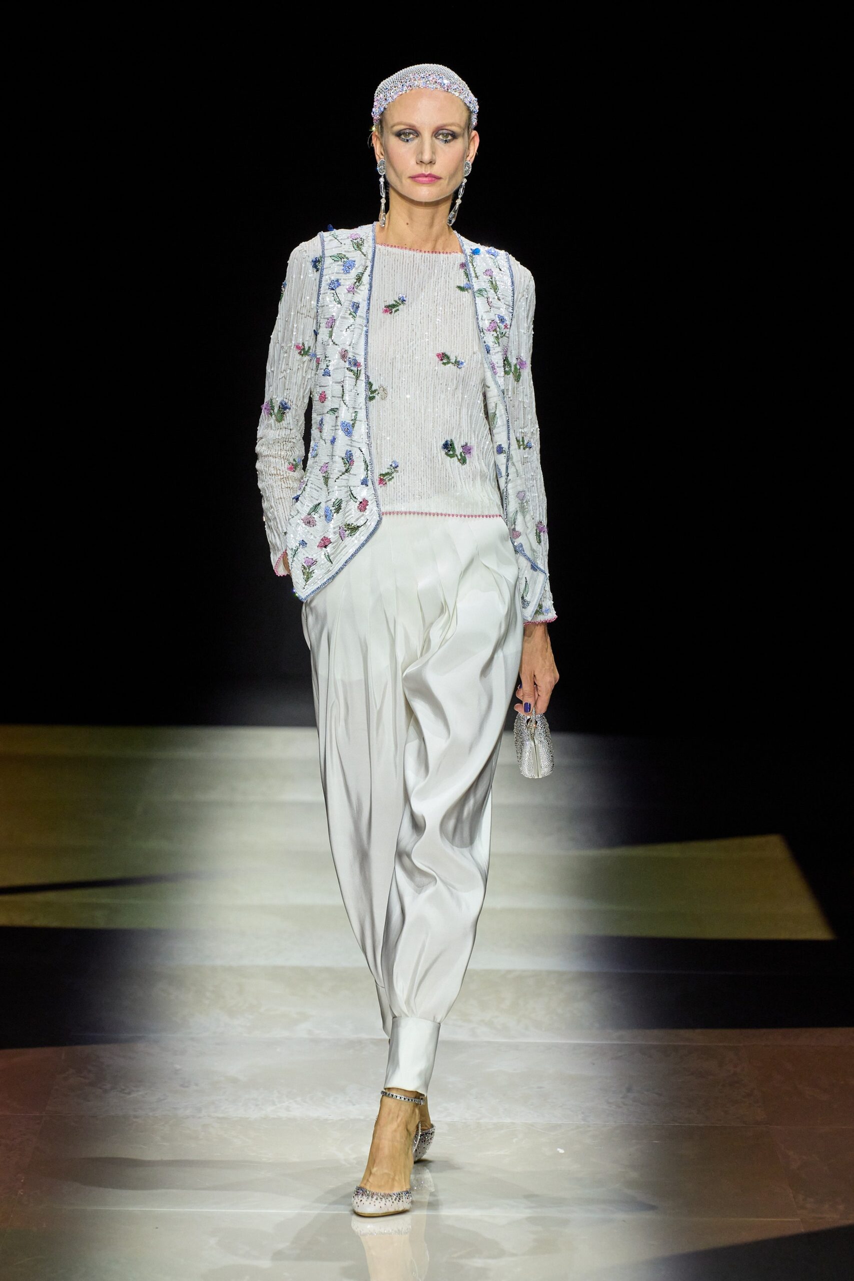 white embroidered silk blazer and pants