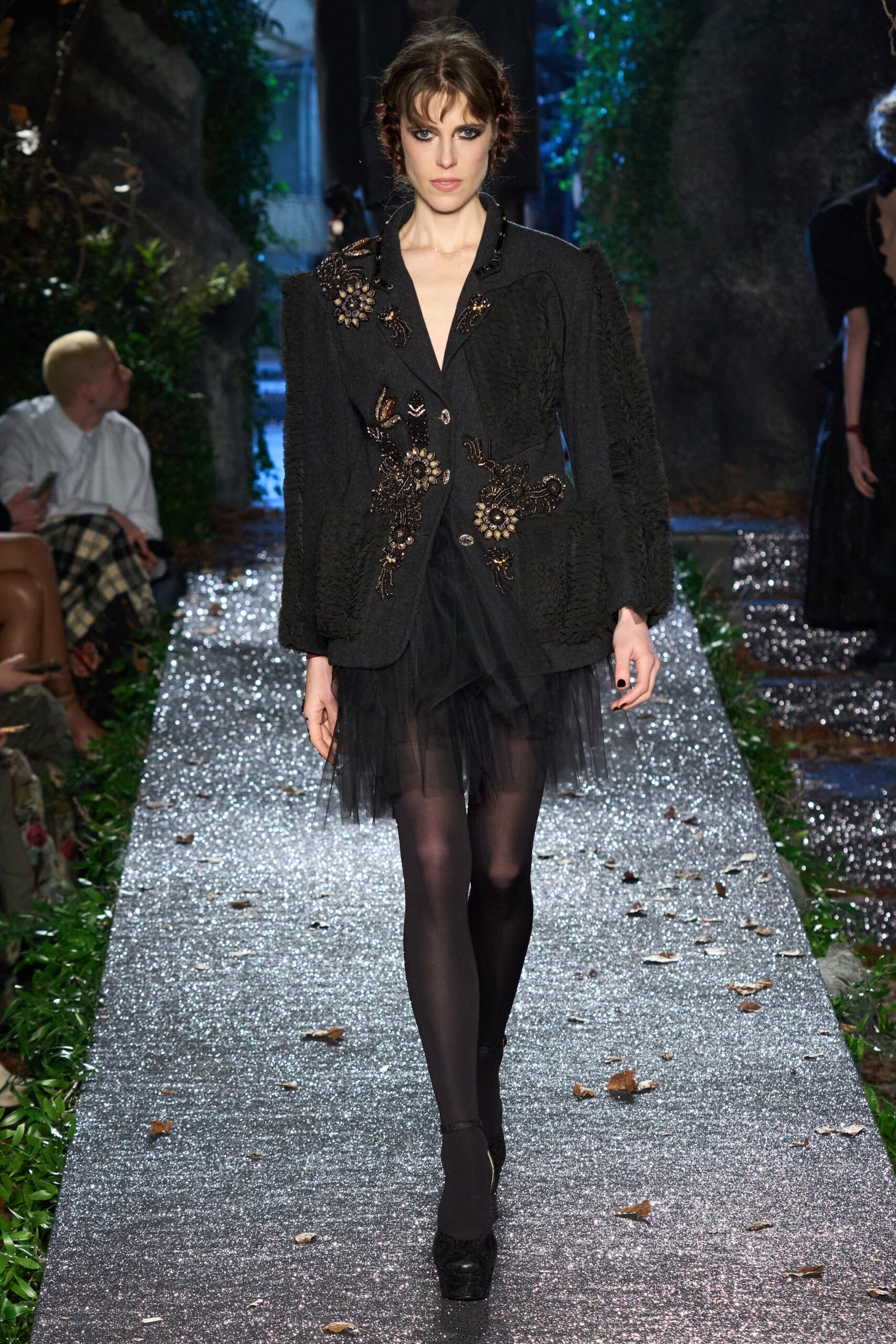 black embroidered blazer and mini dress