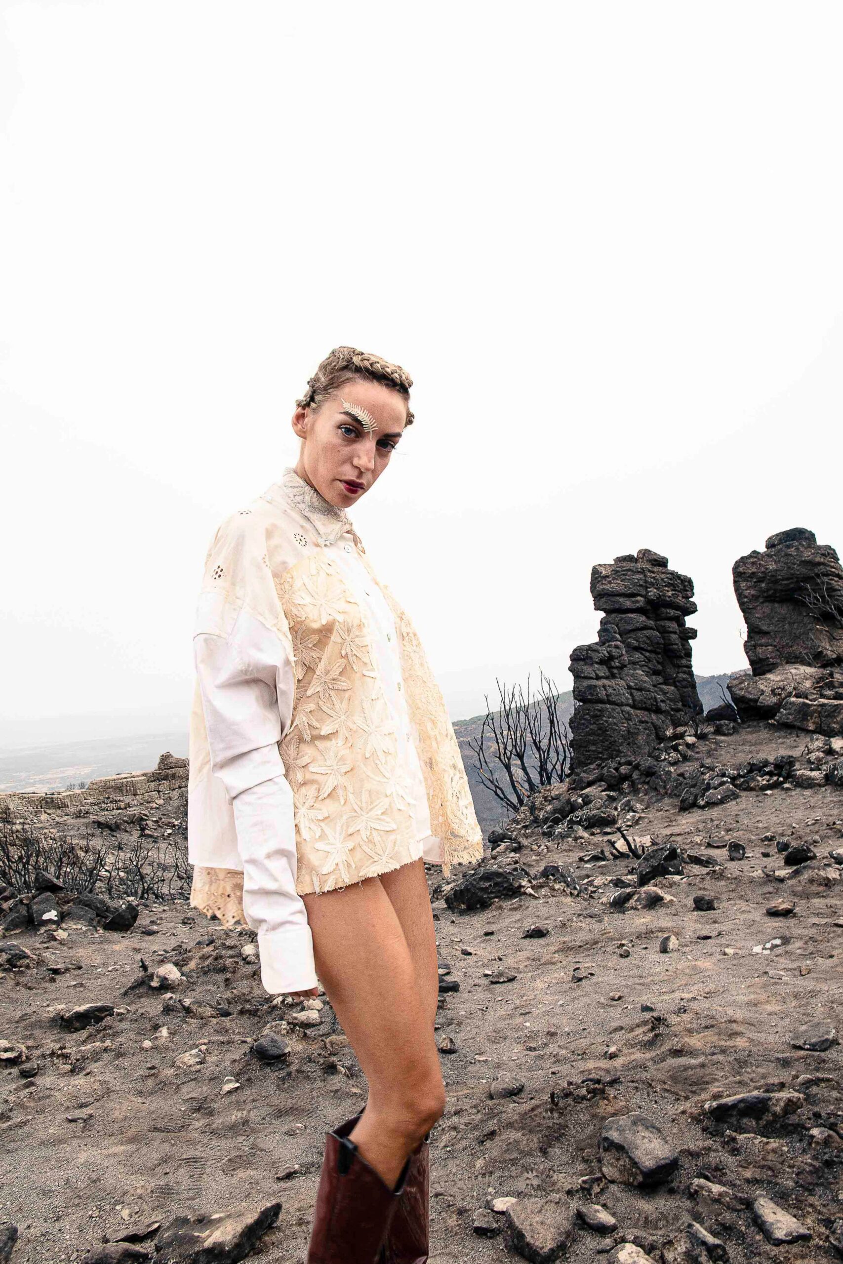 beige embroidered top with shorts