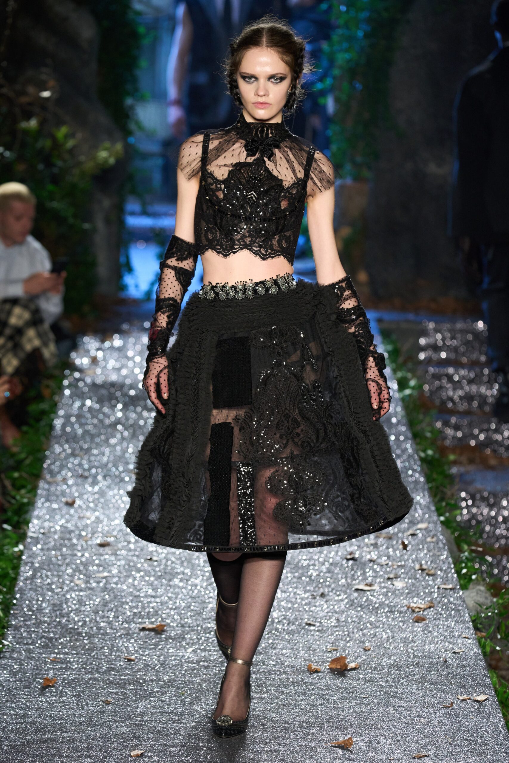 black lace crop-top and midi skirt
