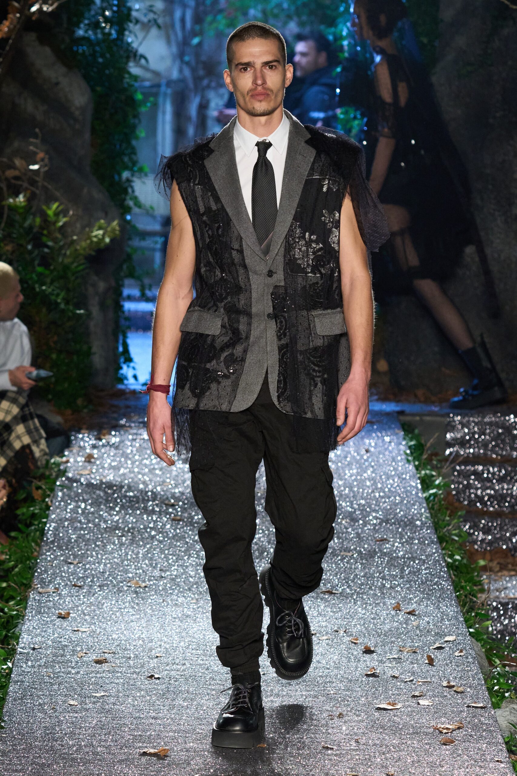 black gray tailored vest and relaxed pants