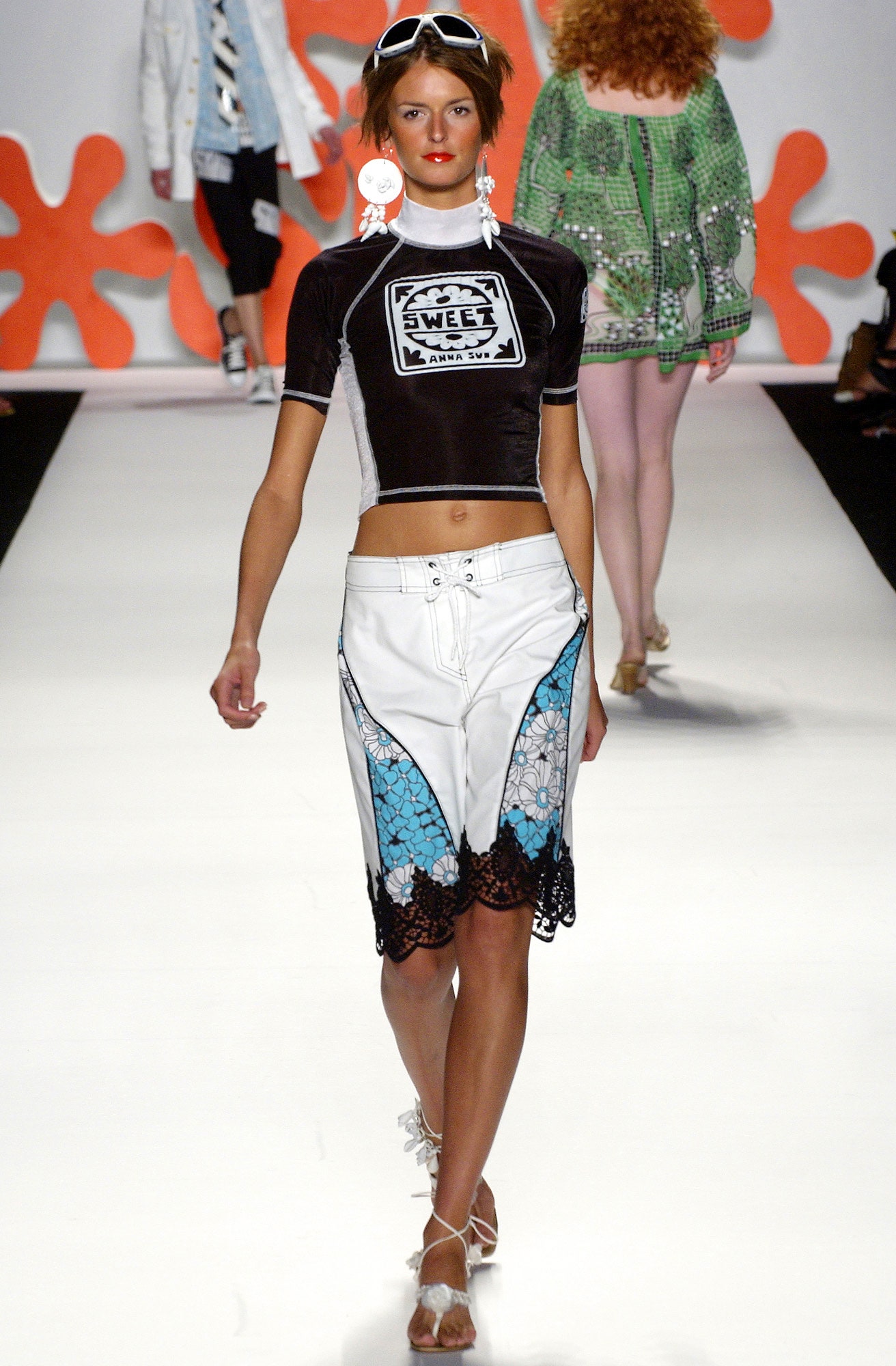 black and white fitted top with denim skirt