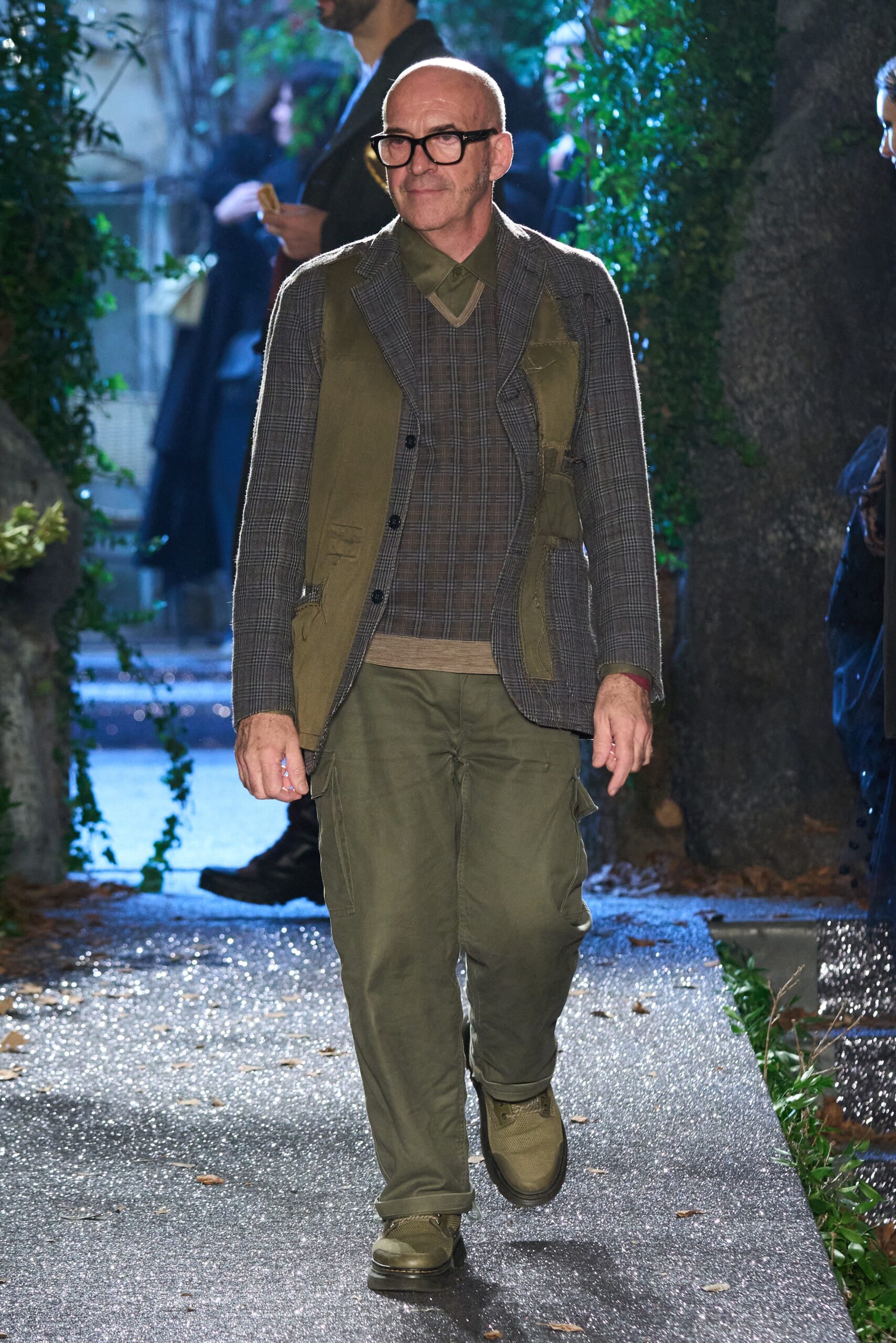 gray tailored jacket with green vest