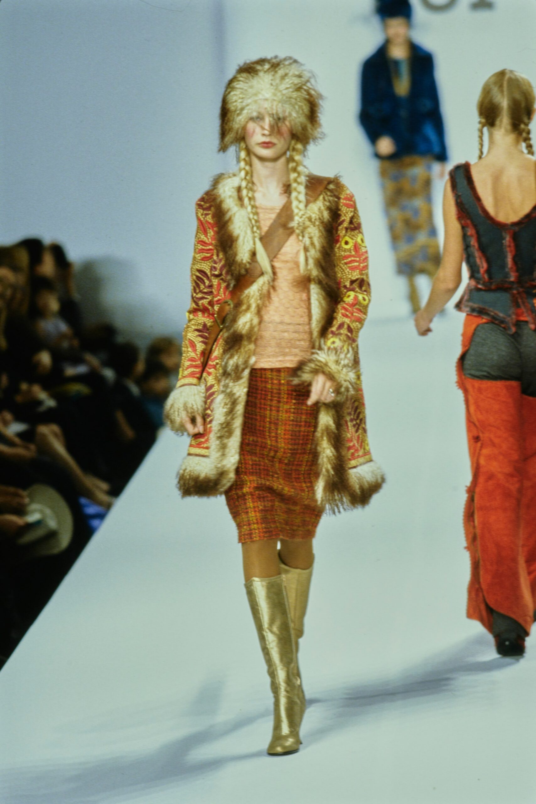 multi-colored fur coat with plaid skirt