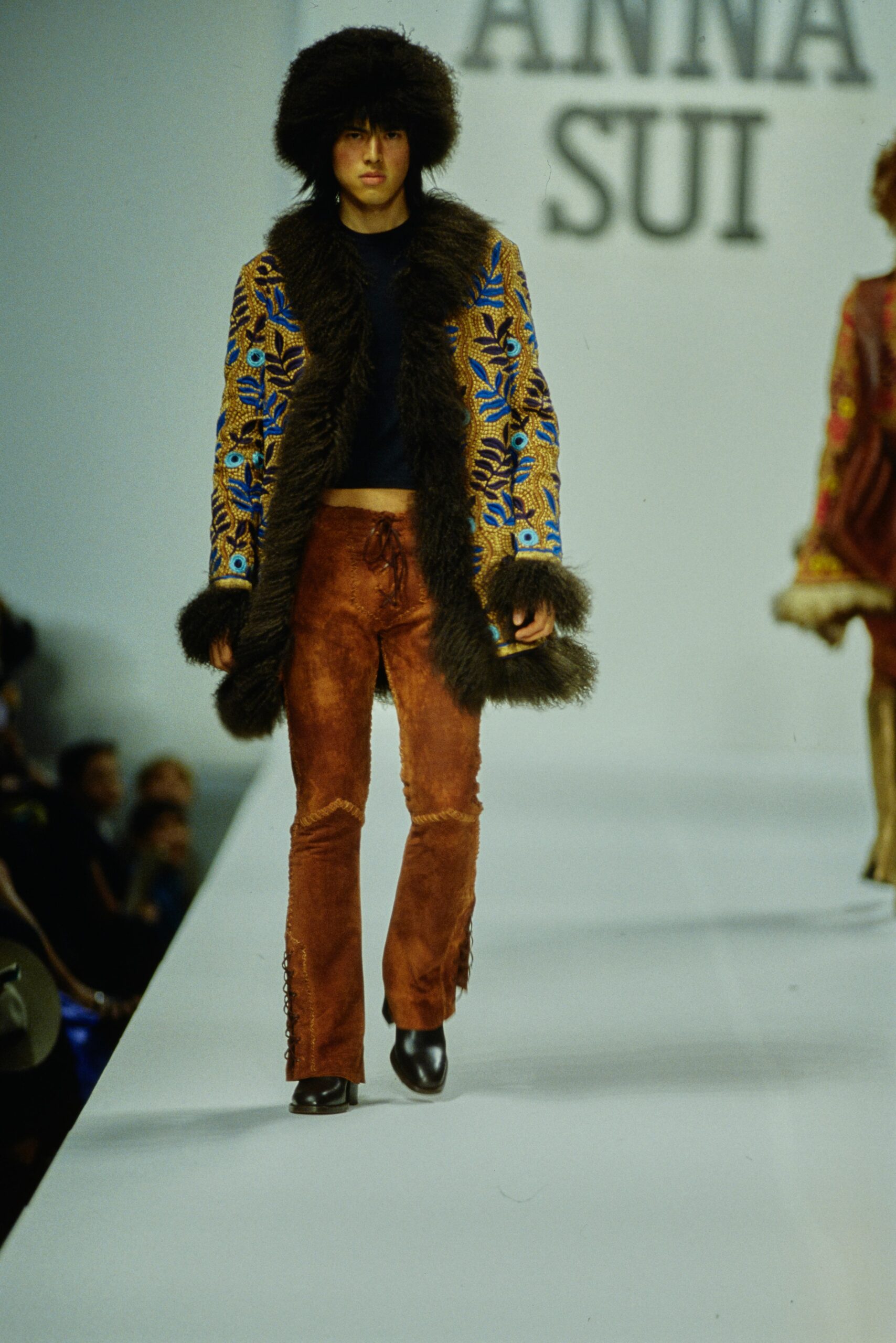 brown suede long-sleeve collared fitted embroidered fringed jacket
