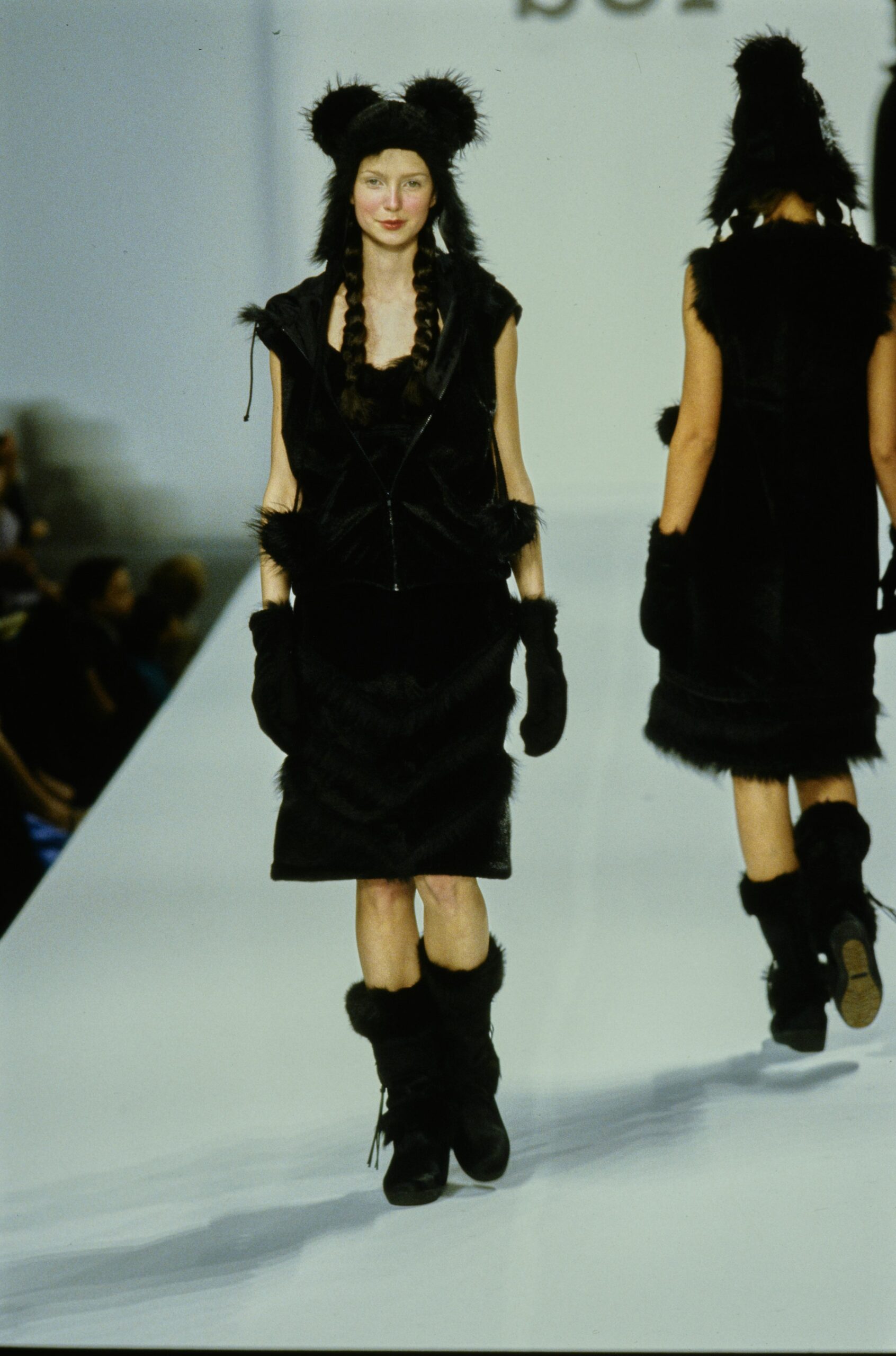 black faux-fur sleeveless v-neck fitted tiered midi dress
